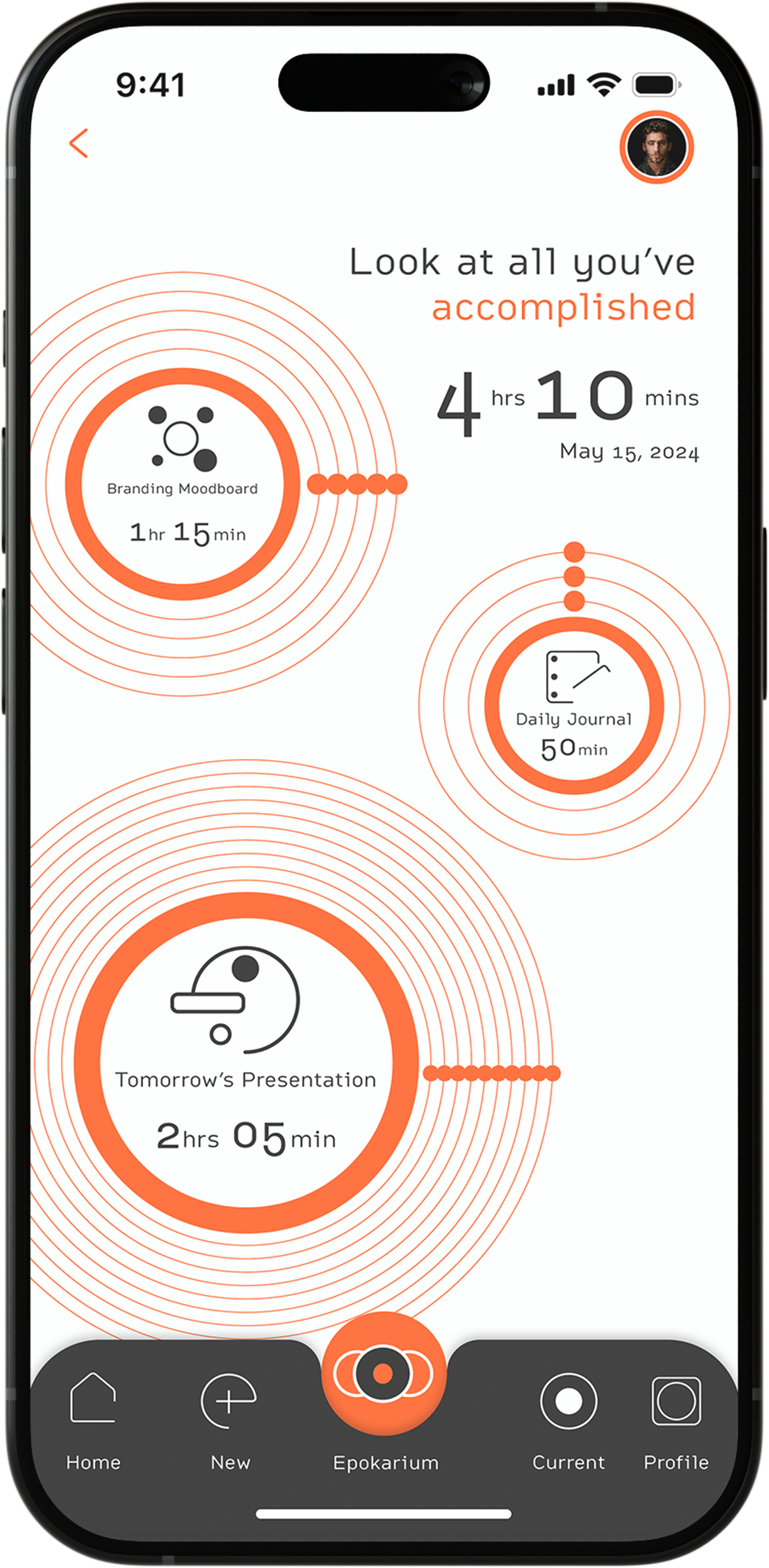 Epokarium is your achievement galaxy—a scalable visual history of every completed focus session. With interactive event bubbles and intuitive zoom, users gain instant perspective on daily wins, productivity patterns, and long-term growth, all from a
