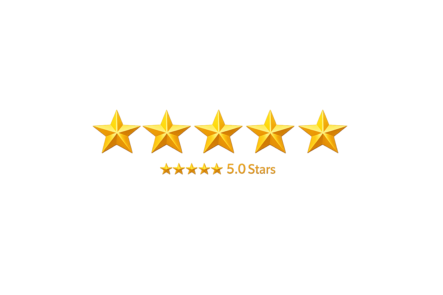 Five gold stars above a rating of 5.0 stars, with smaller stars beneath, on a gold background, indicating a five-star review.