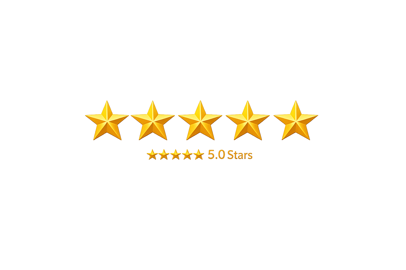Gold five-star rating with a 5.0-star review and text reading '5.0 Stars' on a gold background.