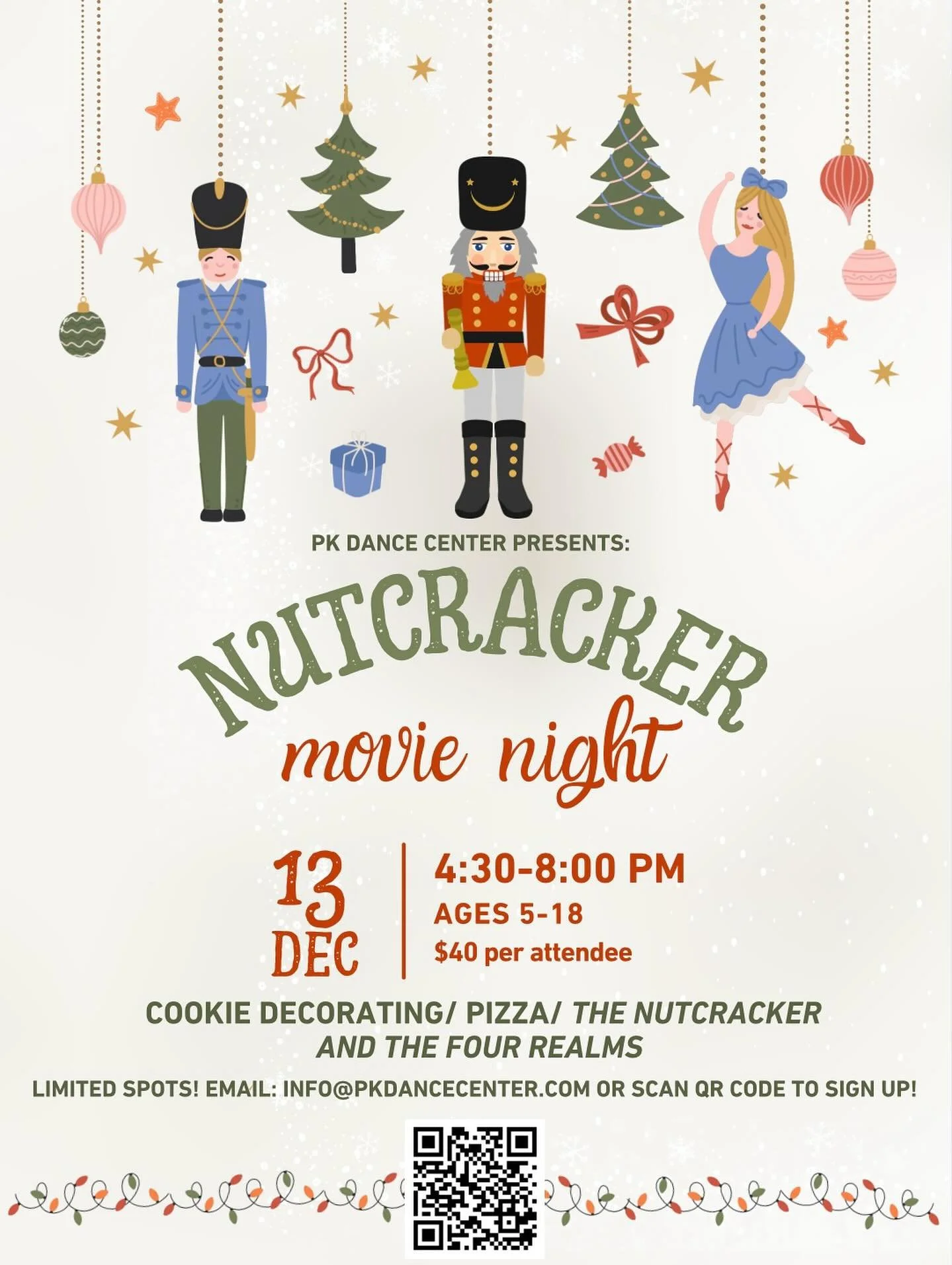 You're invited to our Nutcracker Movie Night on Saturday, December 13th from 4:30-8pm! Enjoy cookie decorating, pizza, and a screening of The Nutcracker and the Four Realms. Limited spots available - we're already half full! Follow the link in our bi