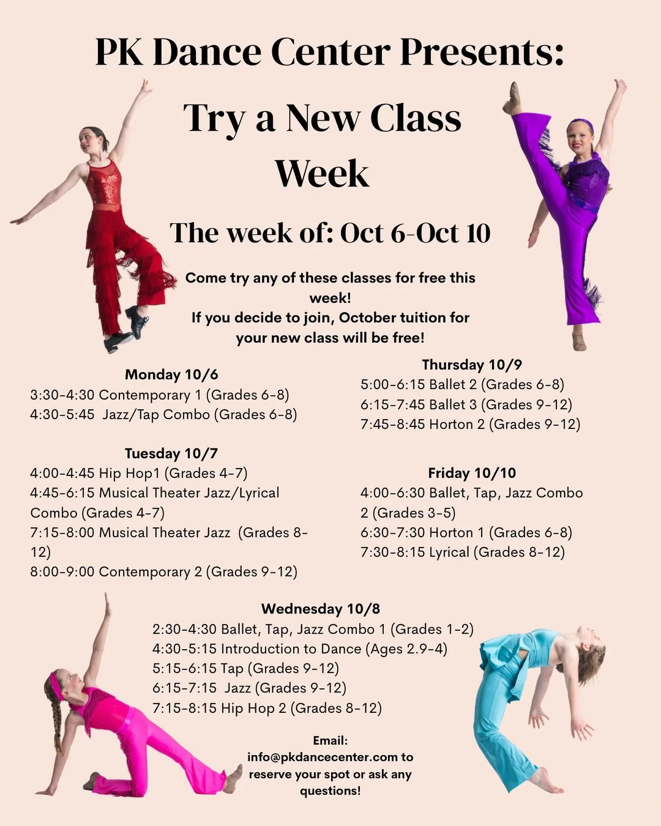 Ready to dance? Try a new class this week and get October tuition free if you enroll!! All dancers welcome, whether you're new or a PKDC student. Email us to try a class!