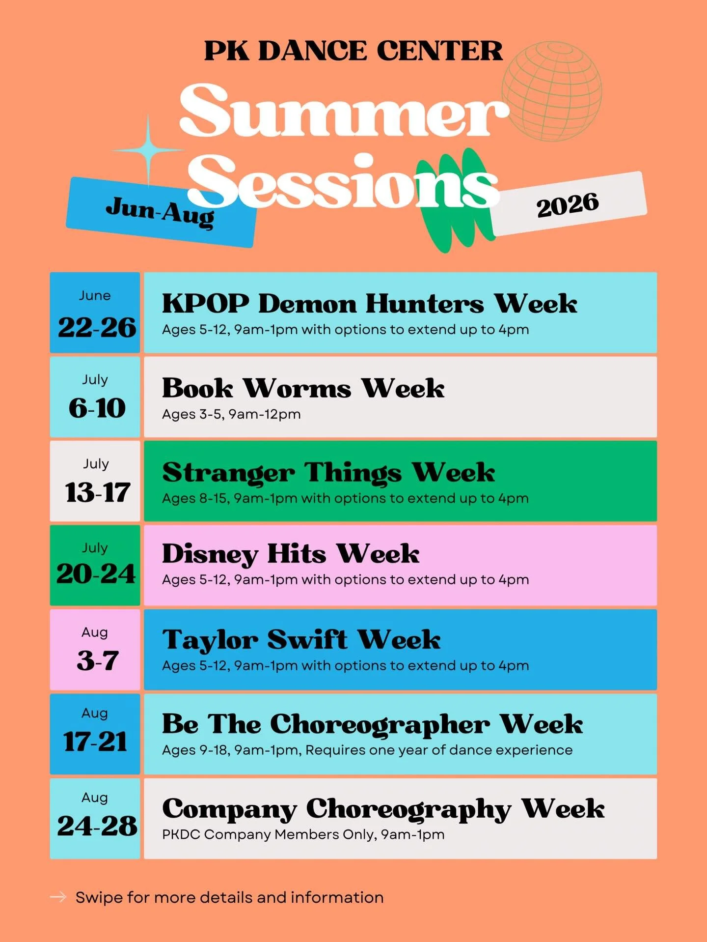 Our 2026 Summer Sessions registration is open for current PKDC students!! Open registration begins Feb 1, 2026. Reserve your spot today! We can&rsquo;t wait to spend the summer with you 🥰😎☀️💃🕺🩰