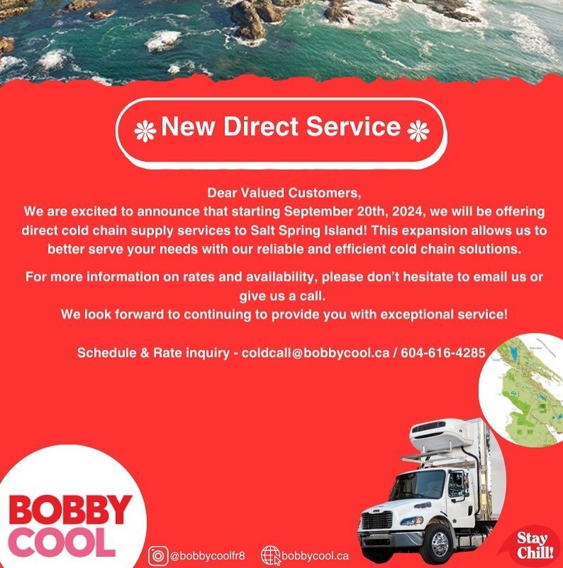 SALT SPRING ISLAND

It&rsquo;s happening! We are launching new direct service to Salt Spring Island starting this Friday, September 20th, 2024!

More details -&gt; www.bobbycool.ca

#salt #spring #island #freight #cold #truck #new #route #direct #ser