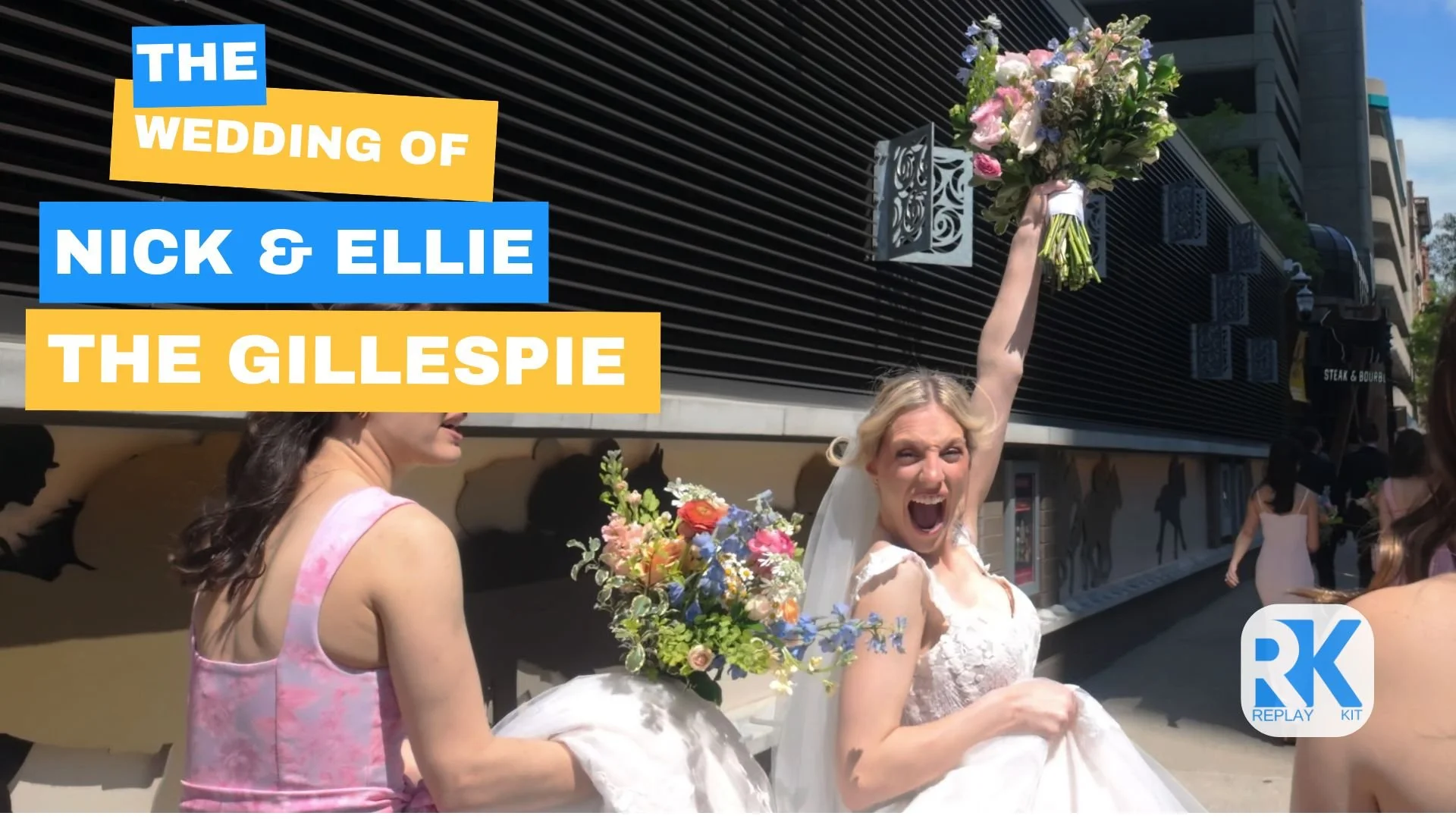 Bride celebrating the day with bouquet raised