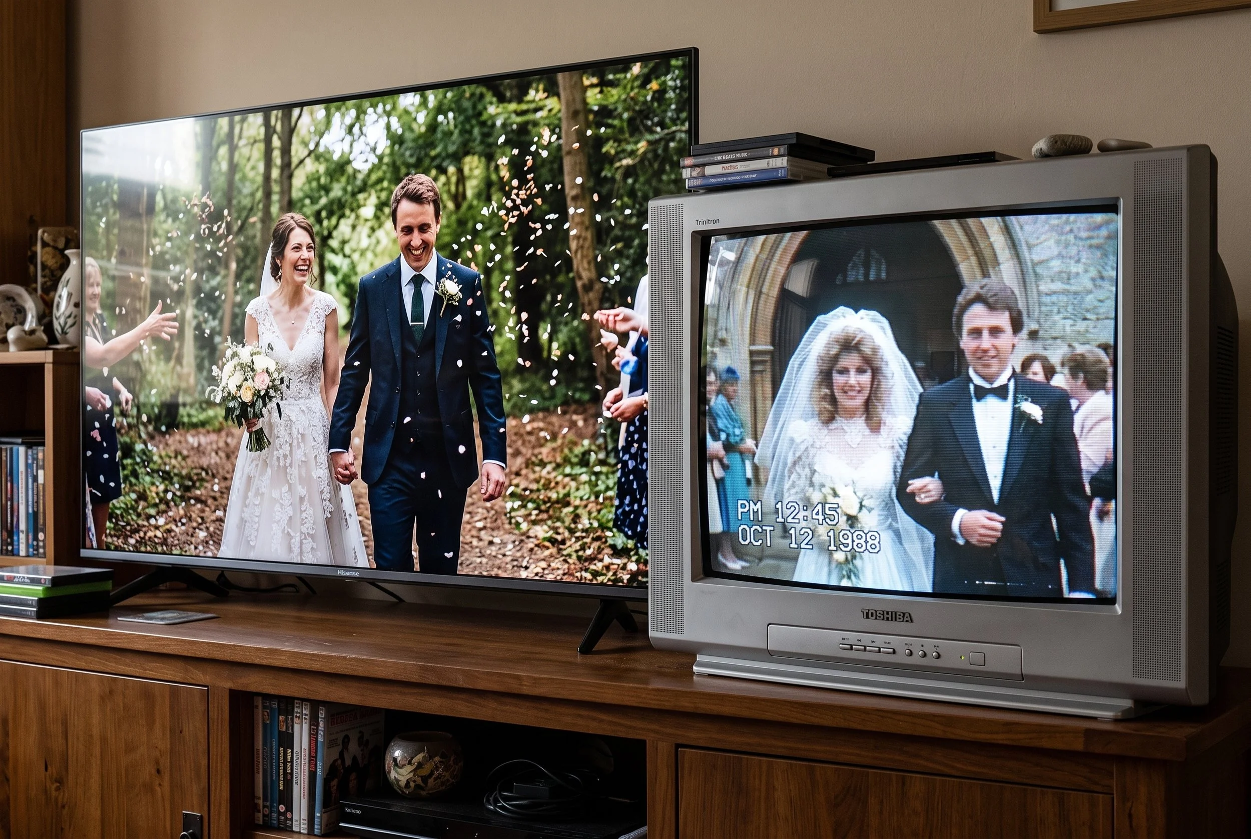 Modern TV and wedding film vs a 90 Sony's CRT with 80's wedding video playing