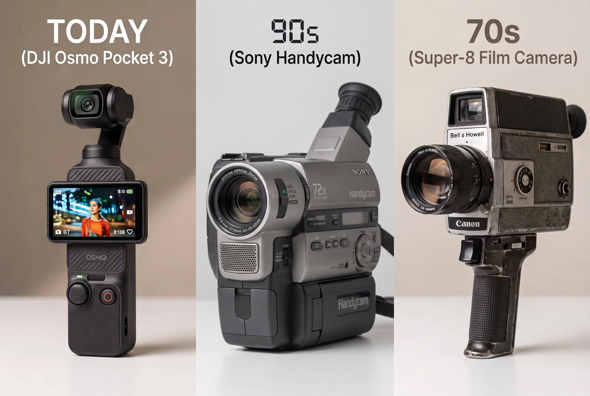 DJI Osmo Pocket 3 vs 90's Sony Handycam vs 70's Super-8