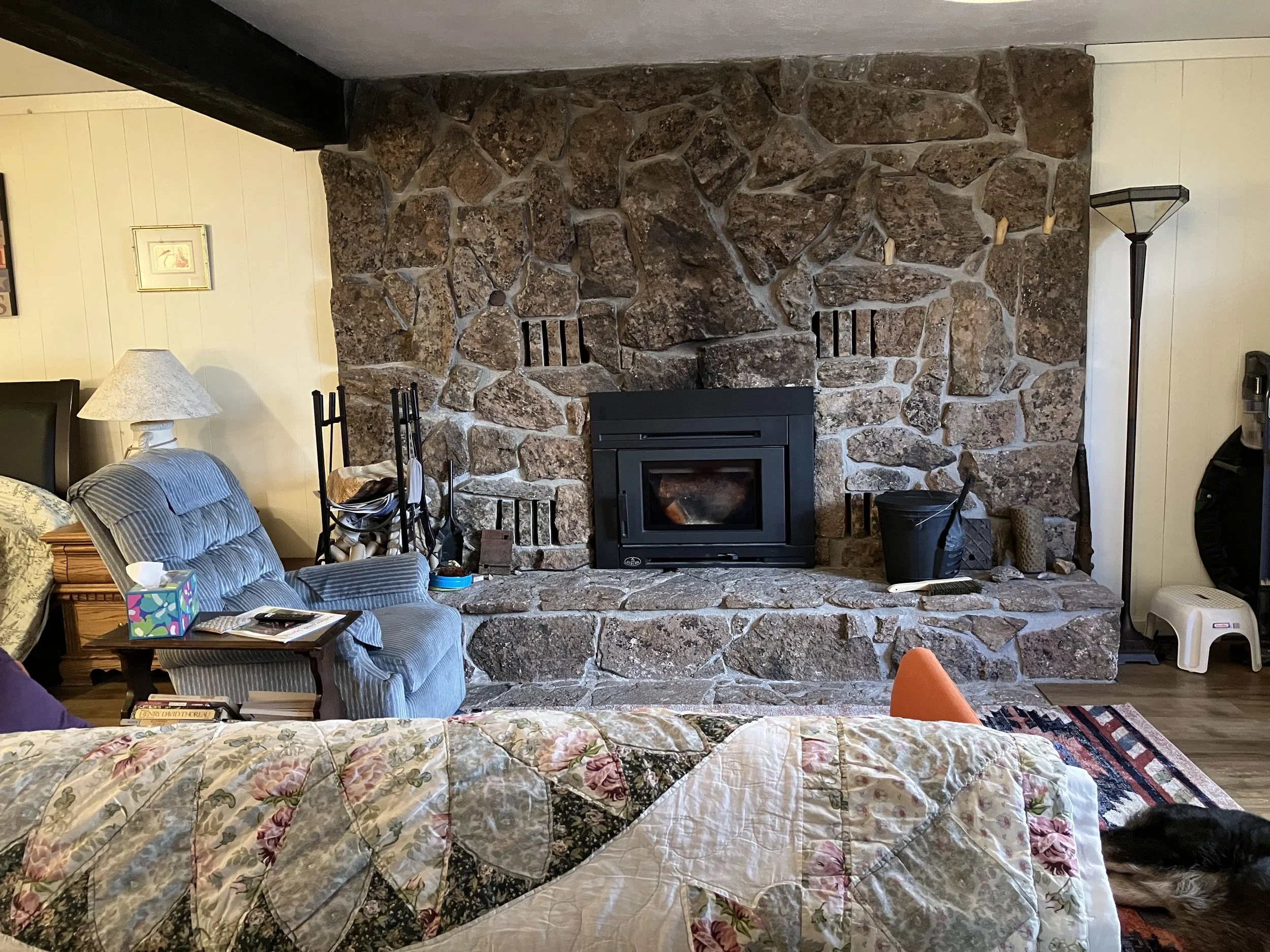 Living room with a large stone fireplace, a blue recliner with a tissue box and TV remote, a bed with a floral quilt, and various furniture and items including a lamp, a box of tissues, and a small shelf with books.