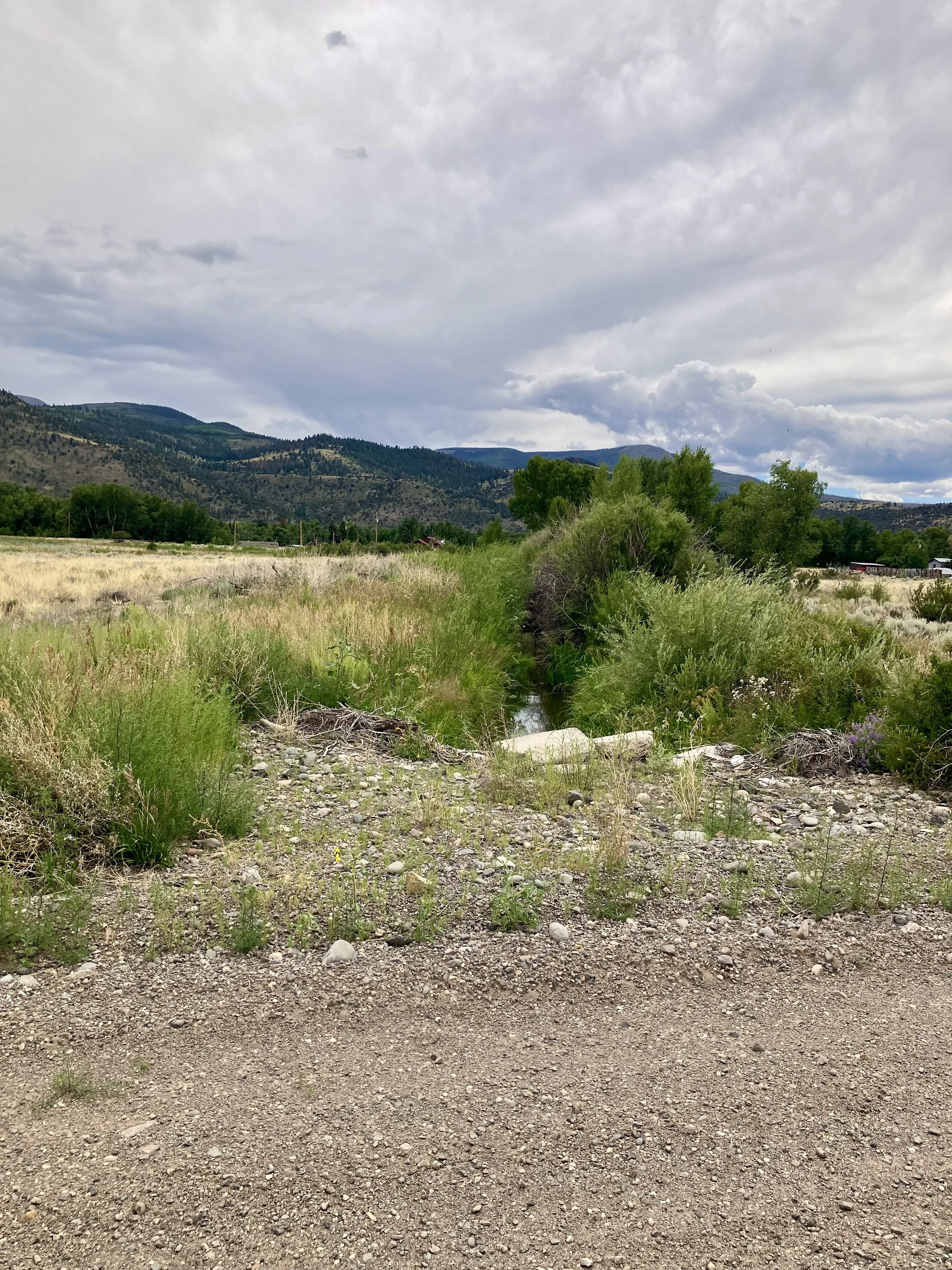 A rural landscape showing a dirt and gravel path in the foreground, with a narrow creek lined by green bushes and trees, surrounded by open fields, distant mountains, and a cloudy sky above.