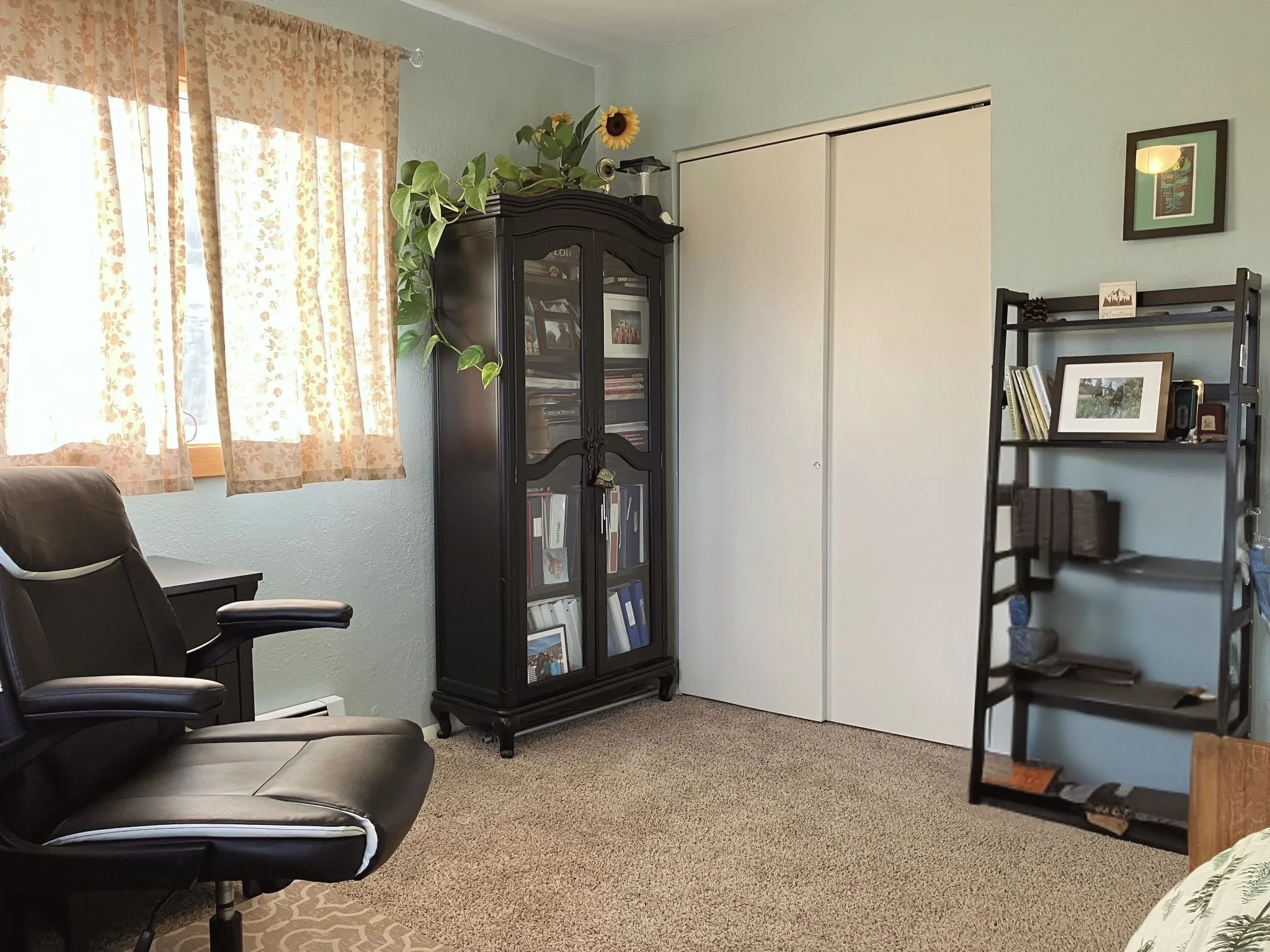 A home office room with beige carpet, black office chair, window with floral curtains, black bookshelf, white closet doors, and a black display cabinet filled with books and photos. There is a framed picture on the wall and a black shelf with books a