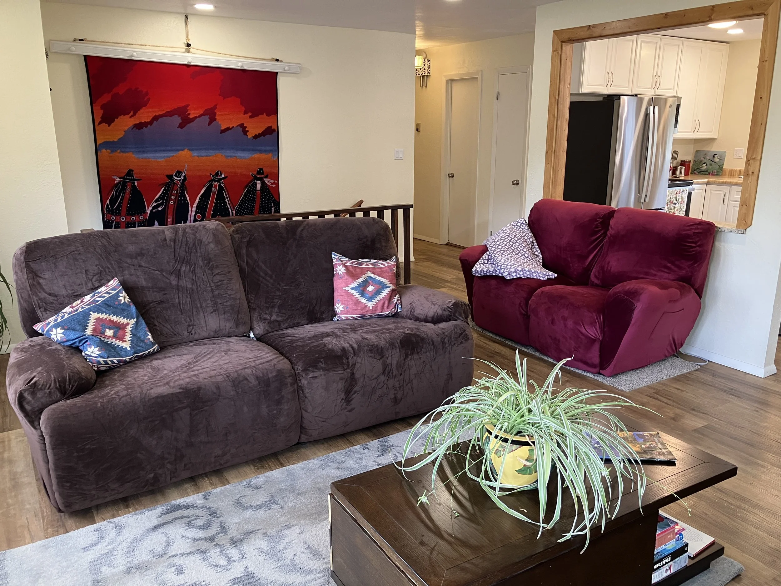 Living room with a brown plush sofa and a red velvet loveseat, decorated with patterned throw pillows. A wooden coffee table with a potted plant and books is in front. A colorful textile art with horses is on the wall, and a kitchen with white cabine