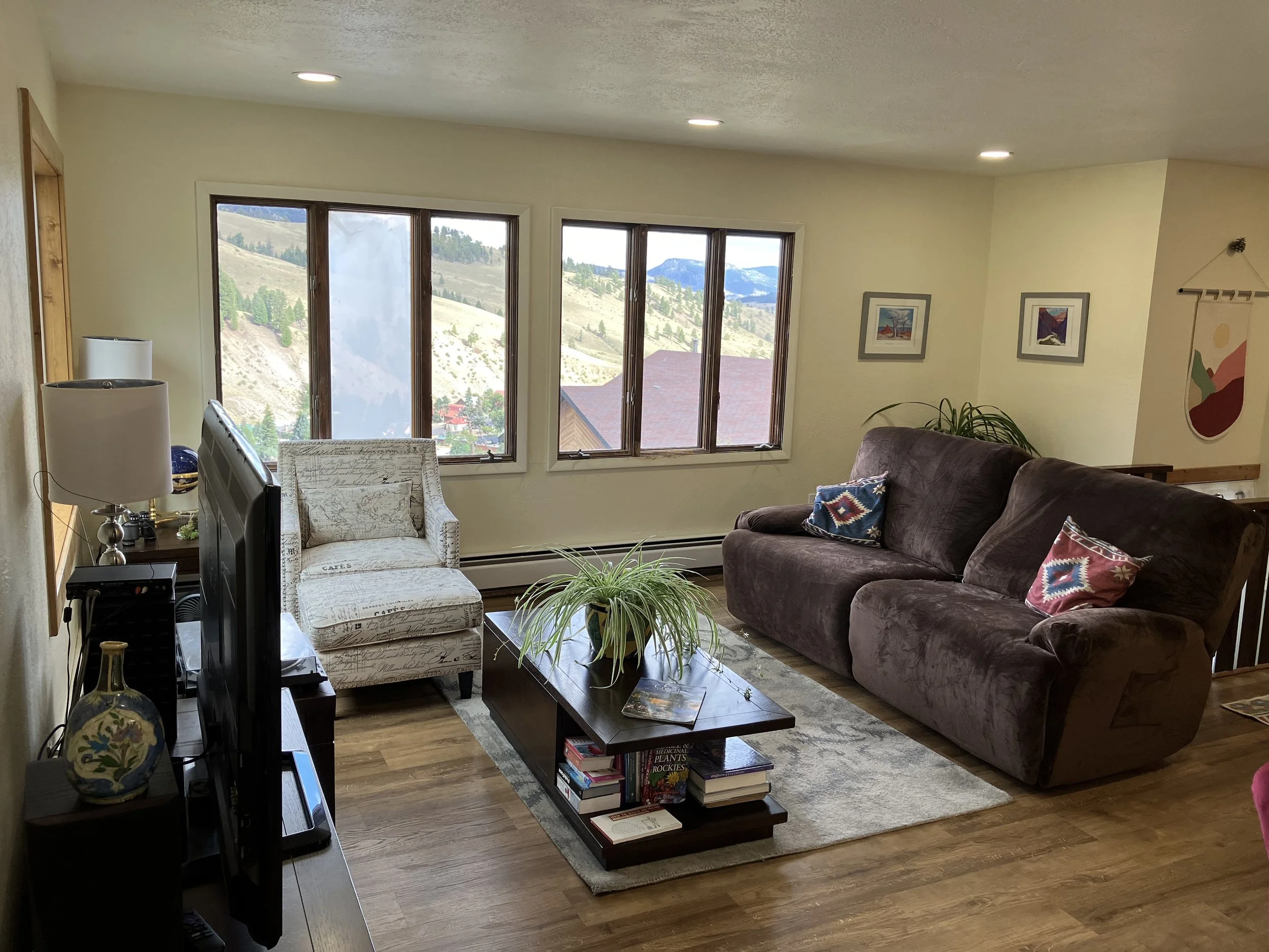 Living room with a large window showing mountain scenery, a brown sofa with patterned throw pillows, a white armchair, a wooden coffee table with books and a plant, and framed pictures on the wall.