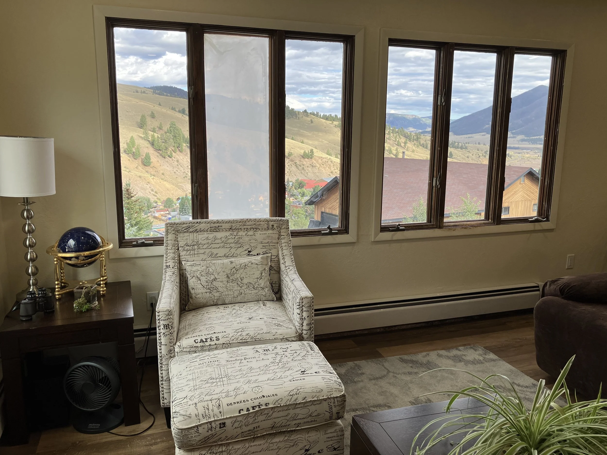 Living room with a window view of mountains and hills, a patterned armchair, a side table with a globe and lamp, and a potted plant.