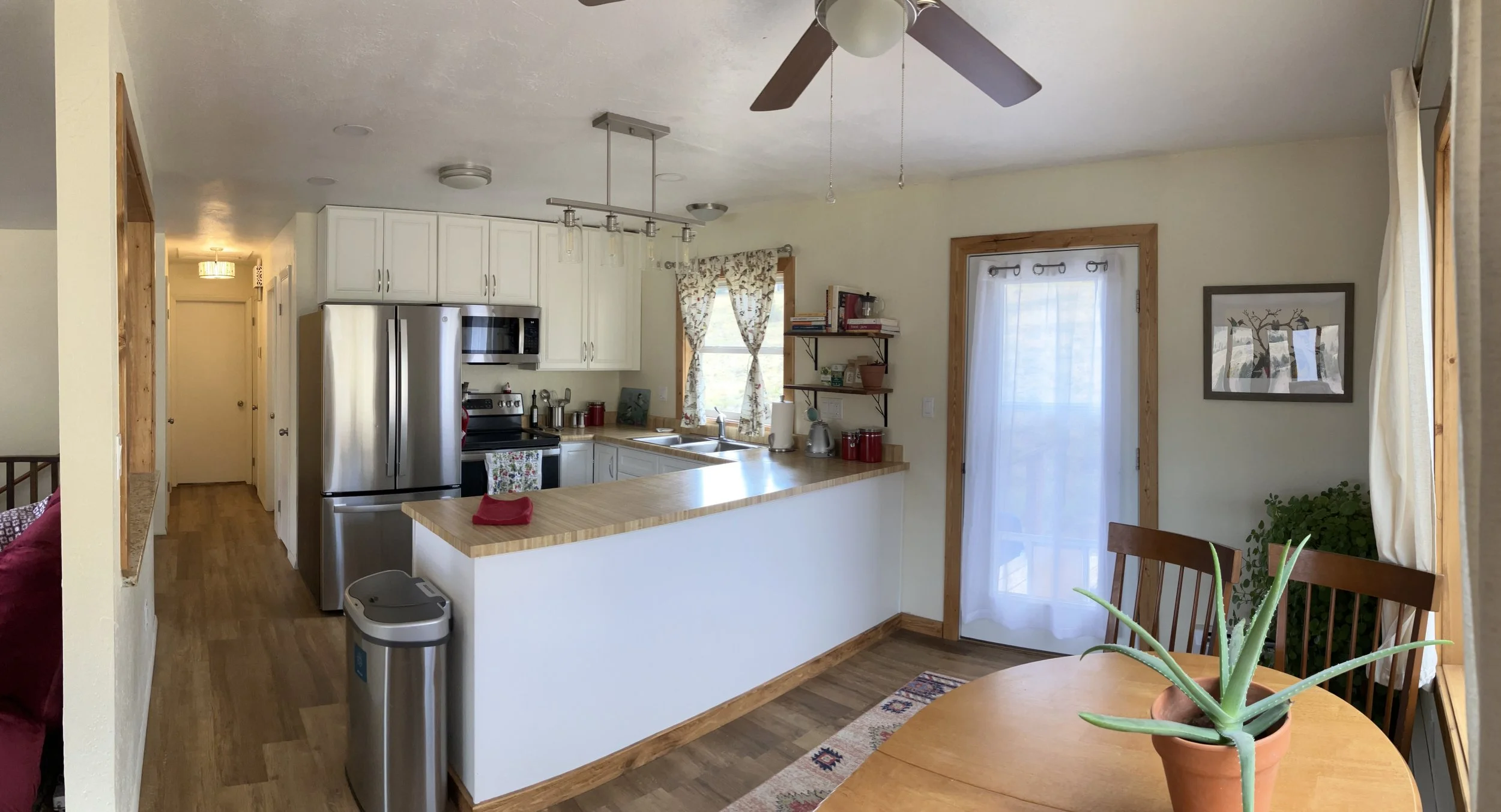 A kitchen and dining area with a wooden table, potted aloe vera plant, white cabinets, stainless steel refrigerator, microwave, and window with floral curtains.