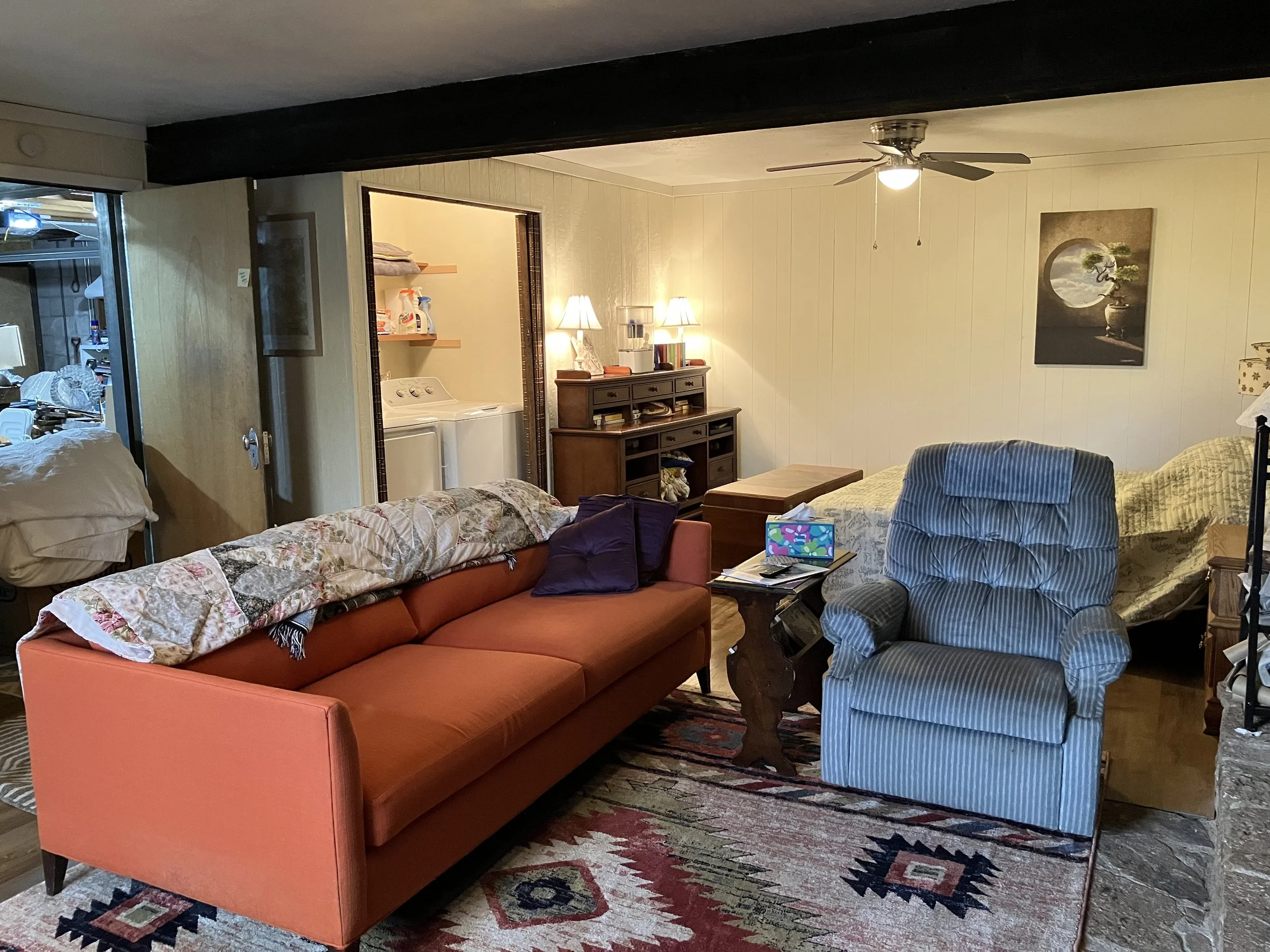 Living room with an orange sofa, a blue striped armchair, a patterned rug, a wooden side table, and a wall painting. In the background, a laundry area with a washing machine and shelves.