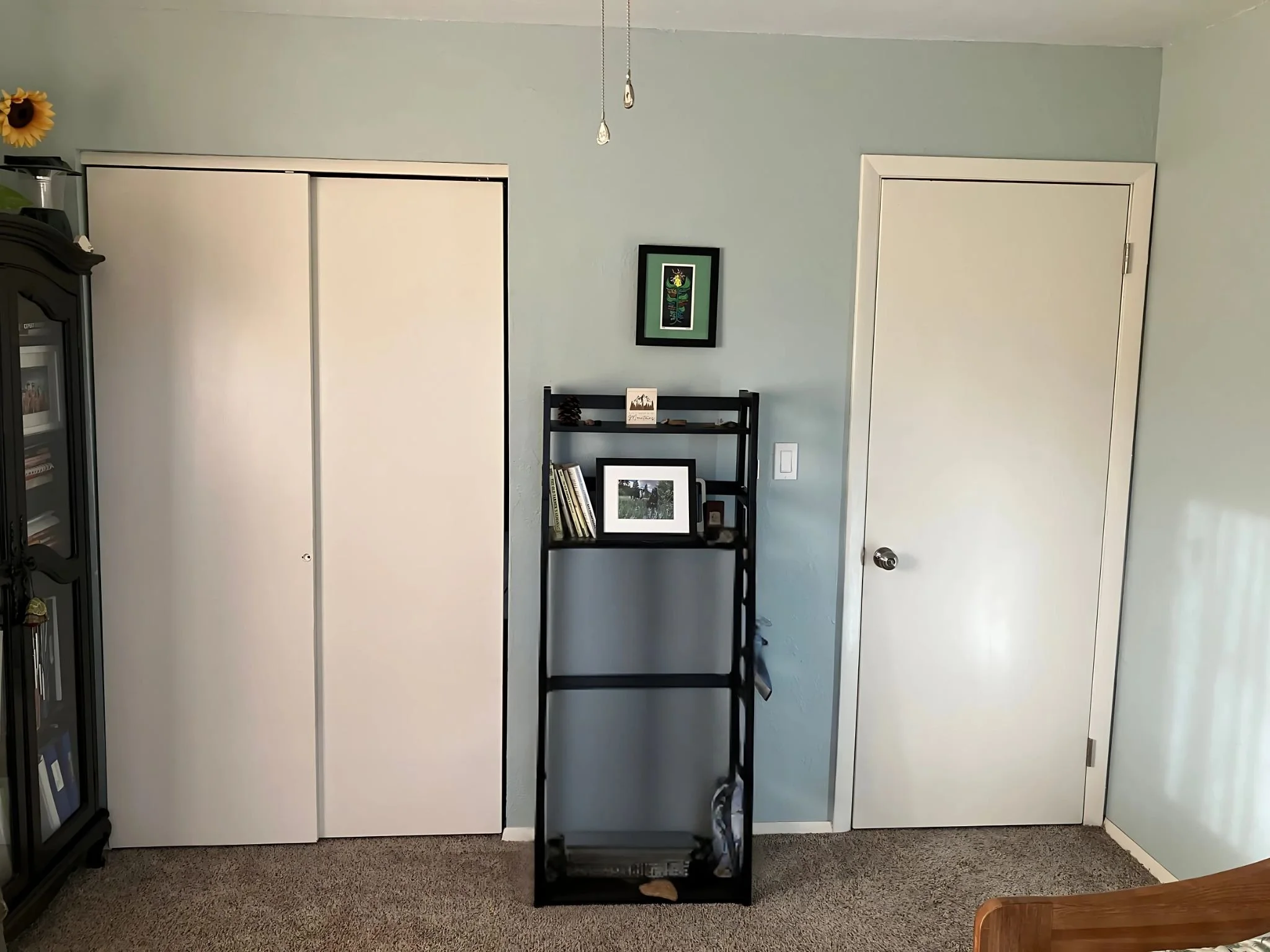A corner of a room with two white doors, one with closet sliding doors and the other a standard door. Between the doors, there is a black shelf with framed photos, books, pinecones, and decorative items. To the left, part of a black display cabinet w