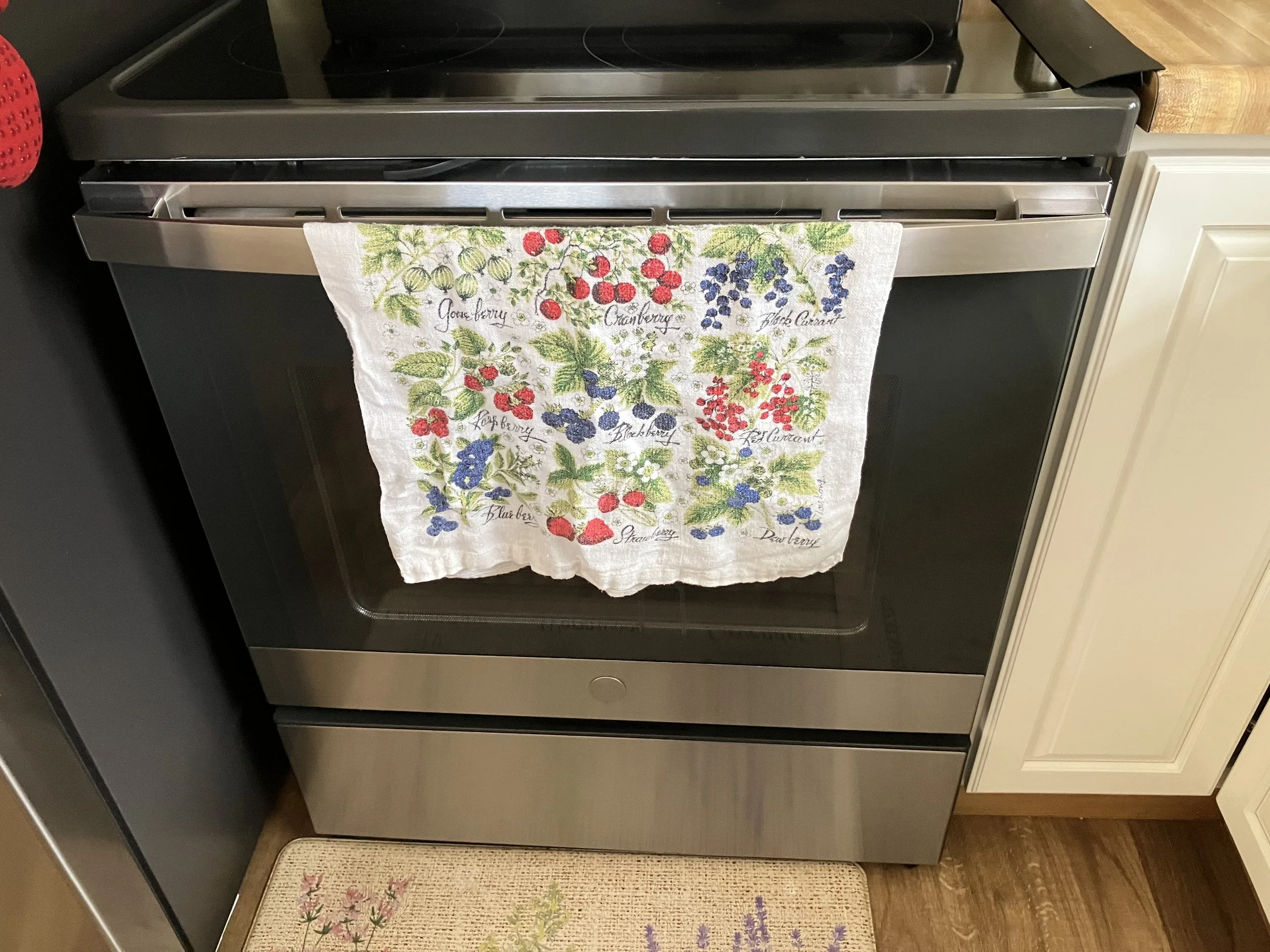 Stainless steel oven with a white kitchen towel hanging over the handle, decorated with colorful illustrations of various berries and their names, including gooseberry, cranberry, blackcurrant, blueberry, strawberry, and dahlberry.