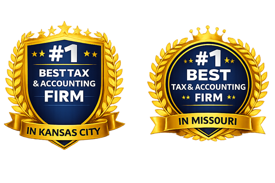 Two gold and navy badges with laurel designs, each stating "#1 Best Tax & Accounting Firm." The left badge indicates "In Kansas City," and the right badge states "In Missouri."