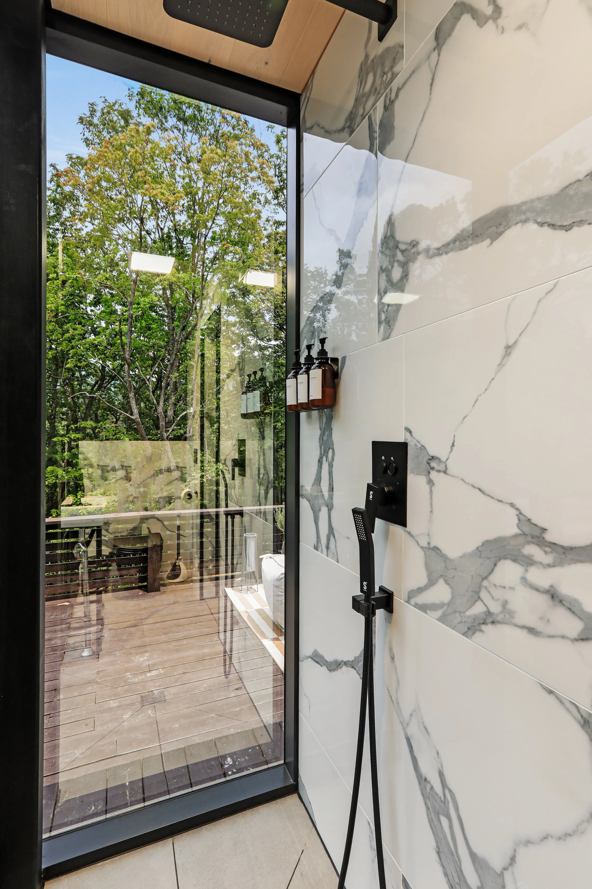 Interior view from bathroom, shower area. 