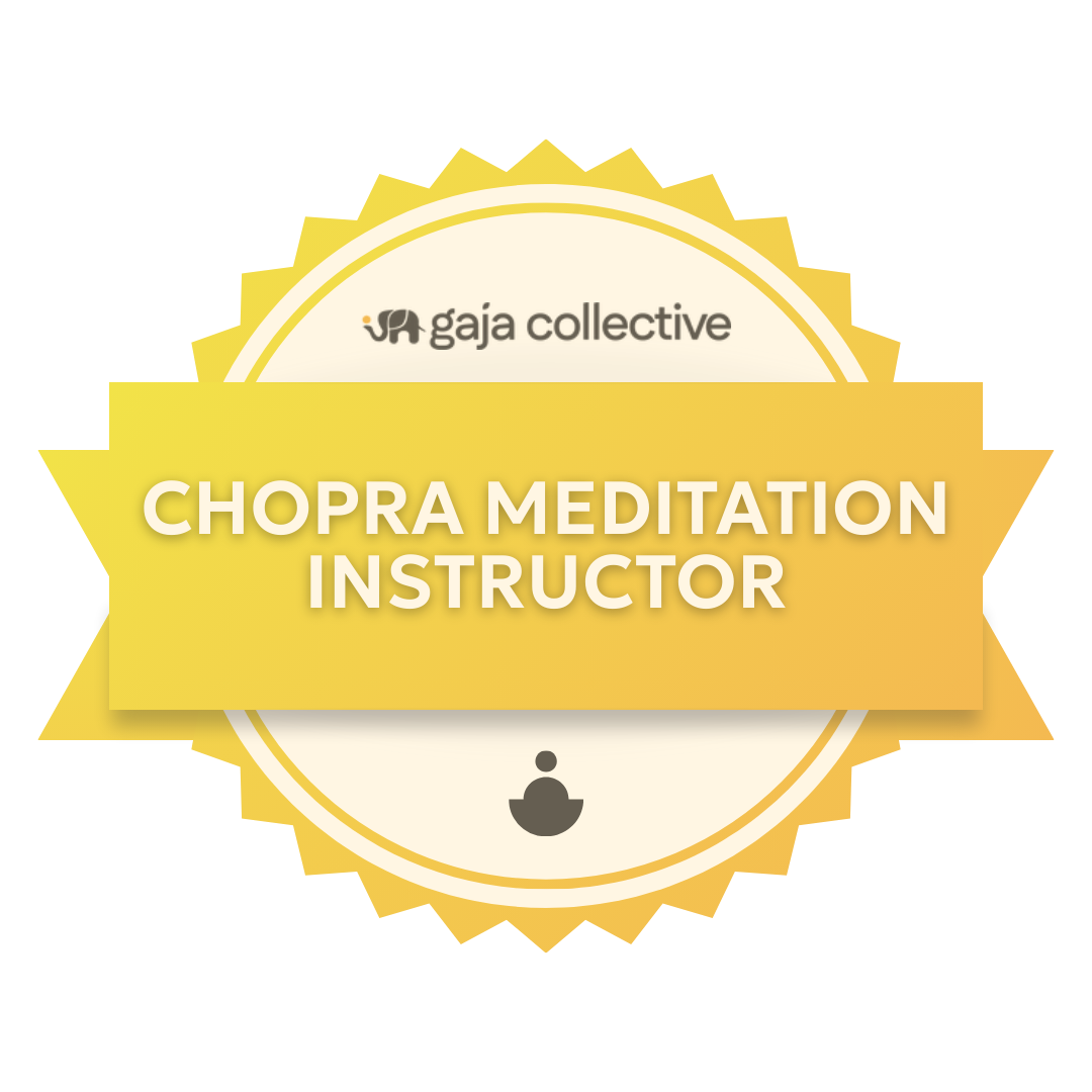 Design promoting Chopra Meditation Instructor certification by Gaja Collective with a yellow and white background, featuring text and icons related to meditation.