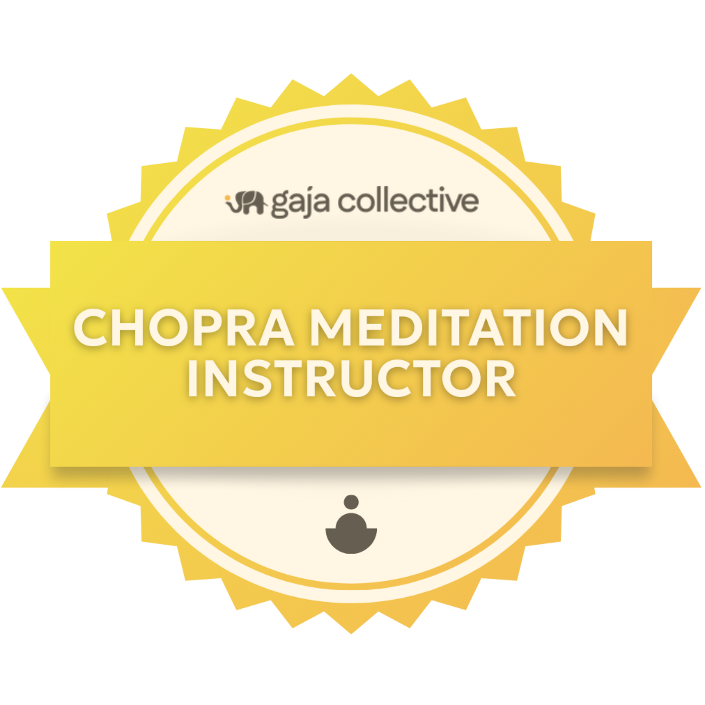 Badge with a yellow background and white circle, displaying the logo of Gaja Collective and the text "Chopra Meditation Instructor" in bold white letters.