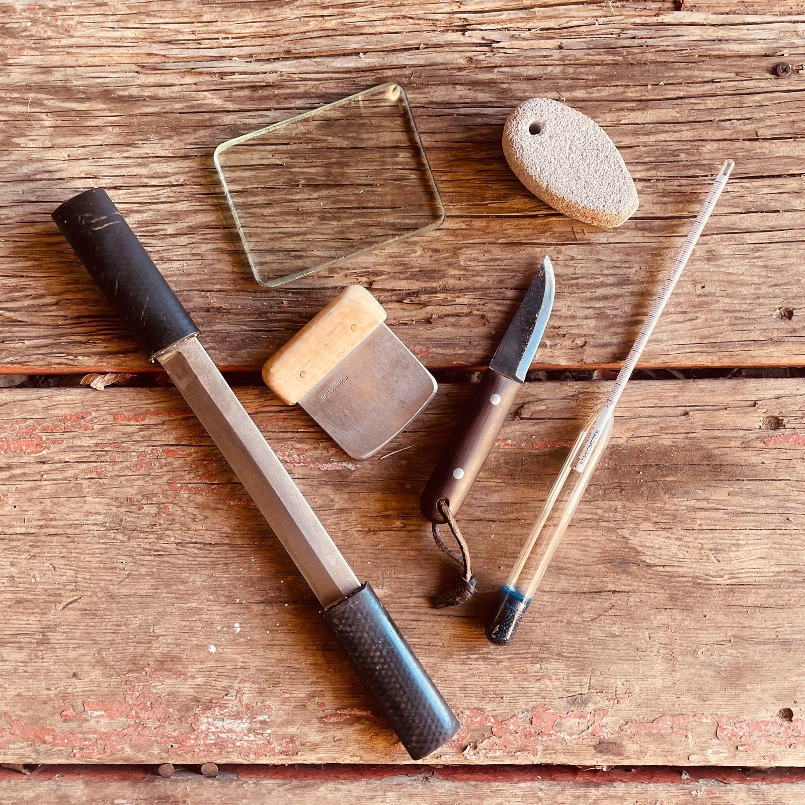 display of tools used for tanning animal hides