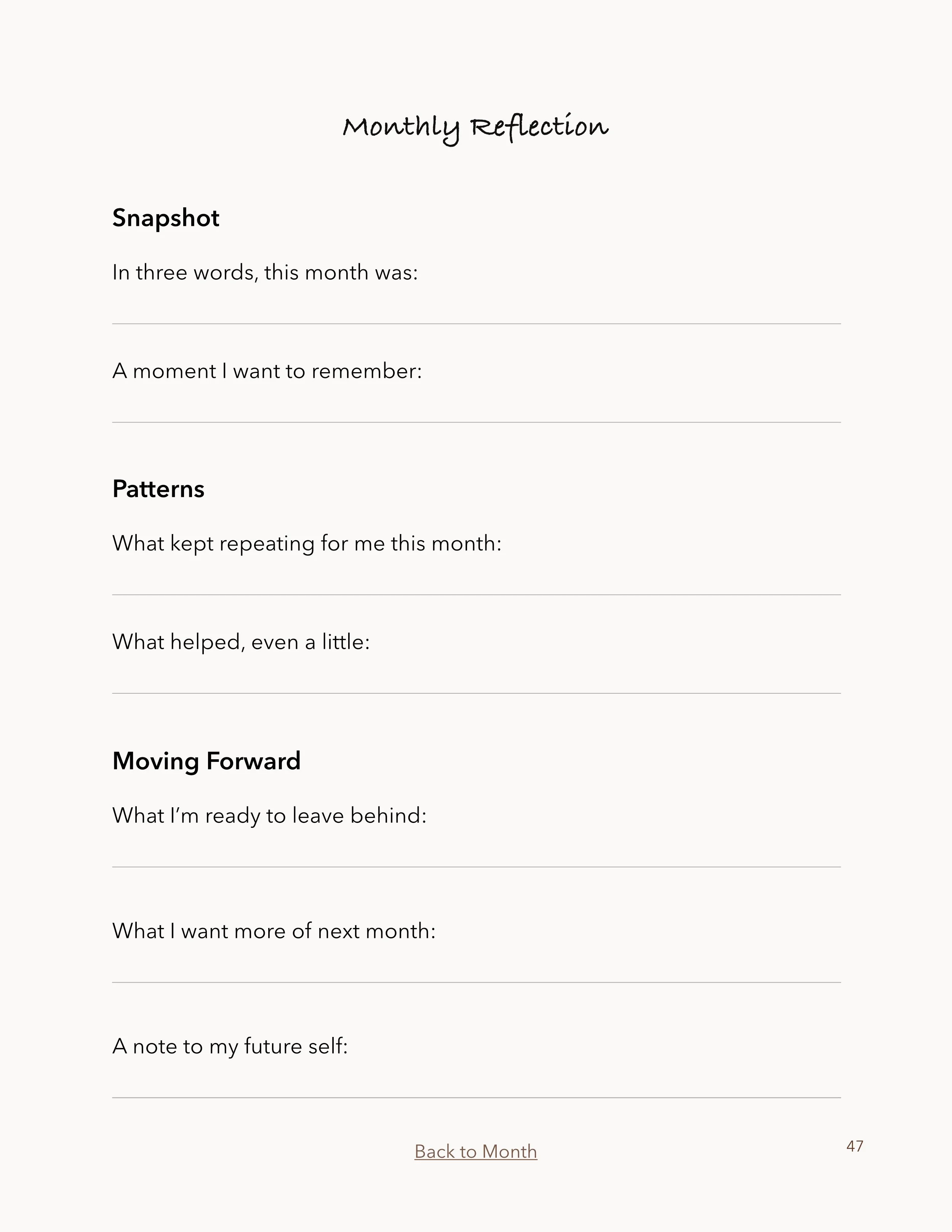 Quiet Living Monthly Reflection page