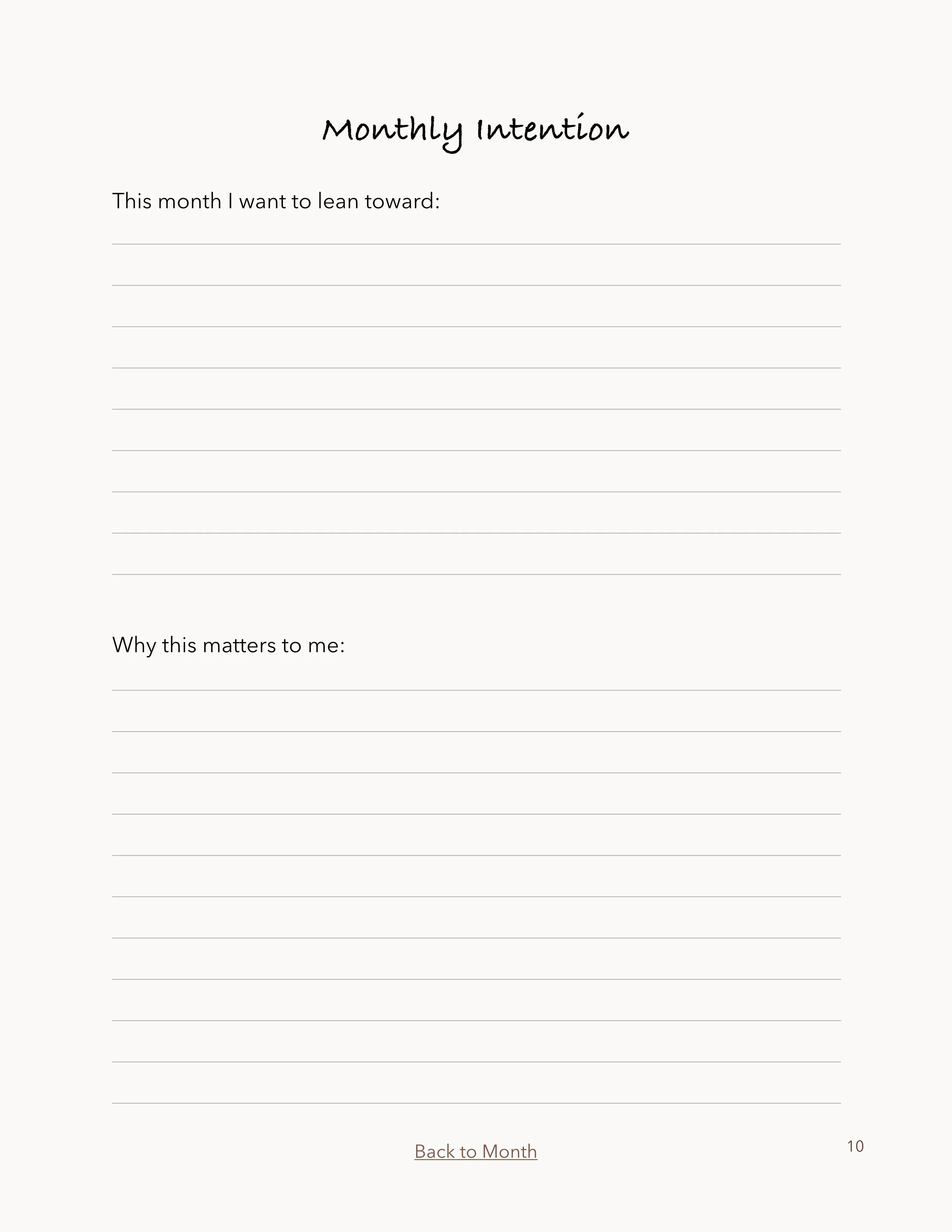 Quiet Living Monthly Intention page