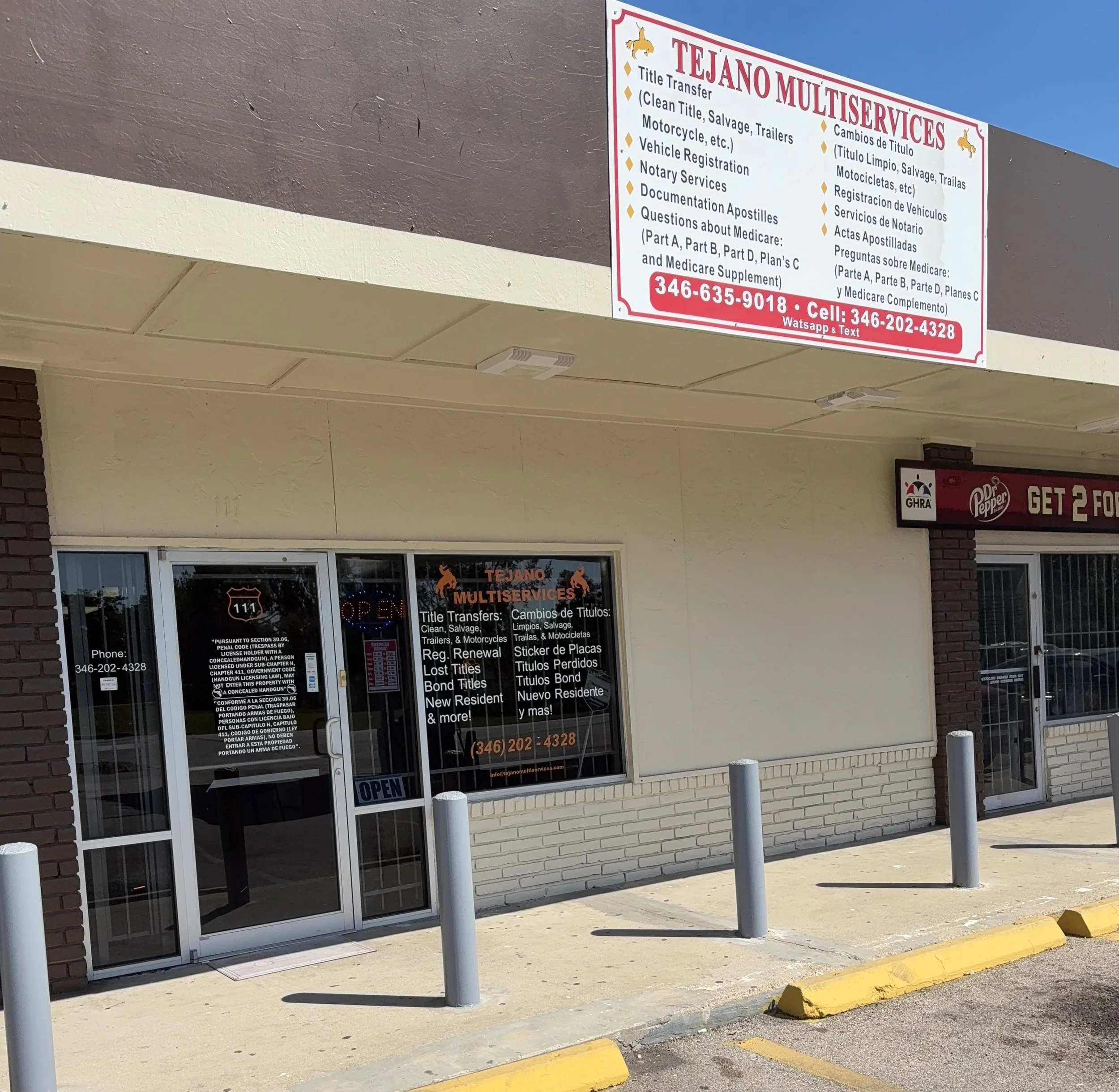 Exterior of Tejano Multiservices office with signage listing services like title transfer, license renewal, and vehicle registration. The window displays the business name and contact info. Parking lot with yellow curb and bollards in front.
