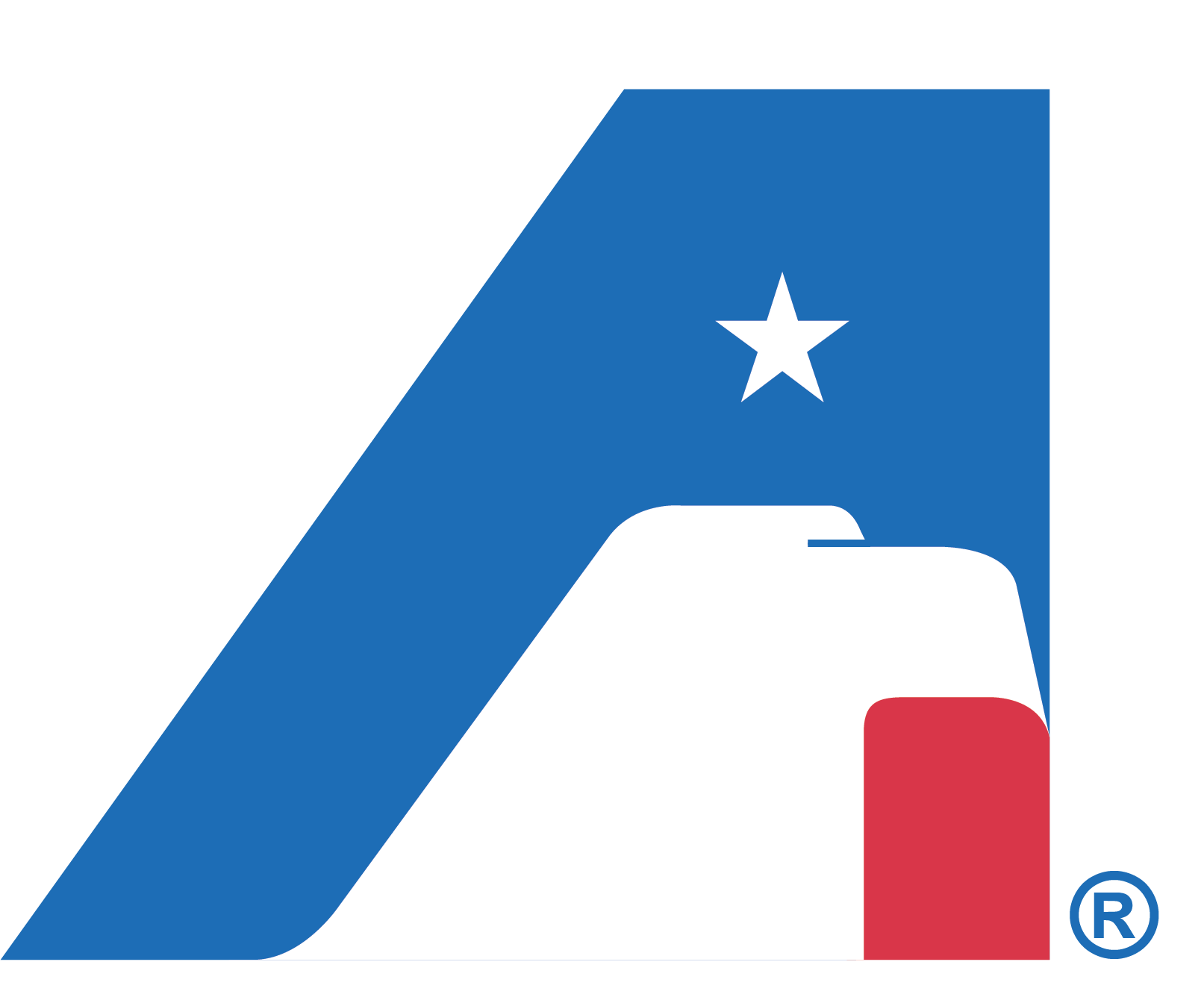 An abstract logo design featuring a stylized star on top of a curved shape, with blue, white, and red colors, resembling a flag.