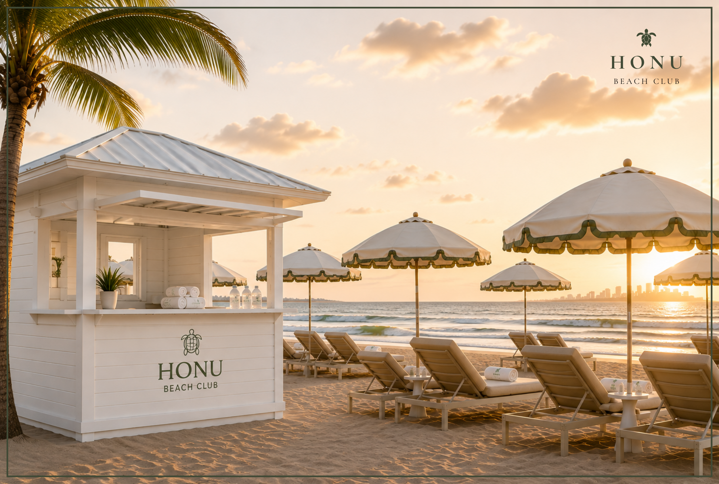 Honu Beach Club lounge chairs and signature umbrellas along the beach in South of Fifth, Miami Beach.