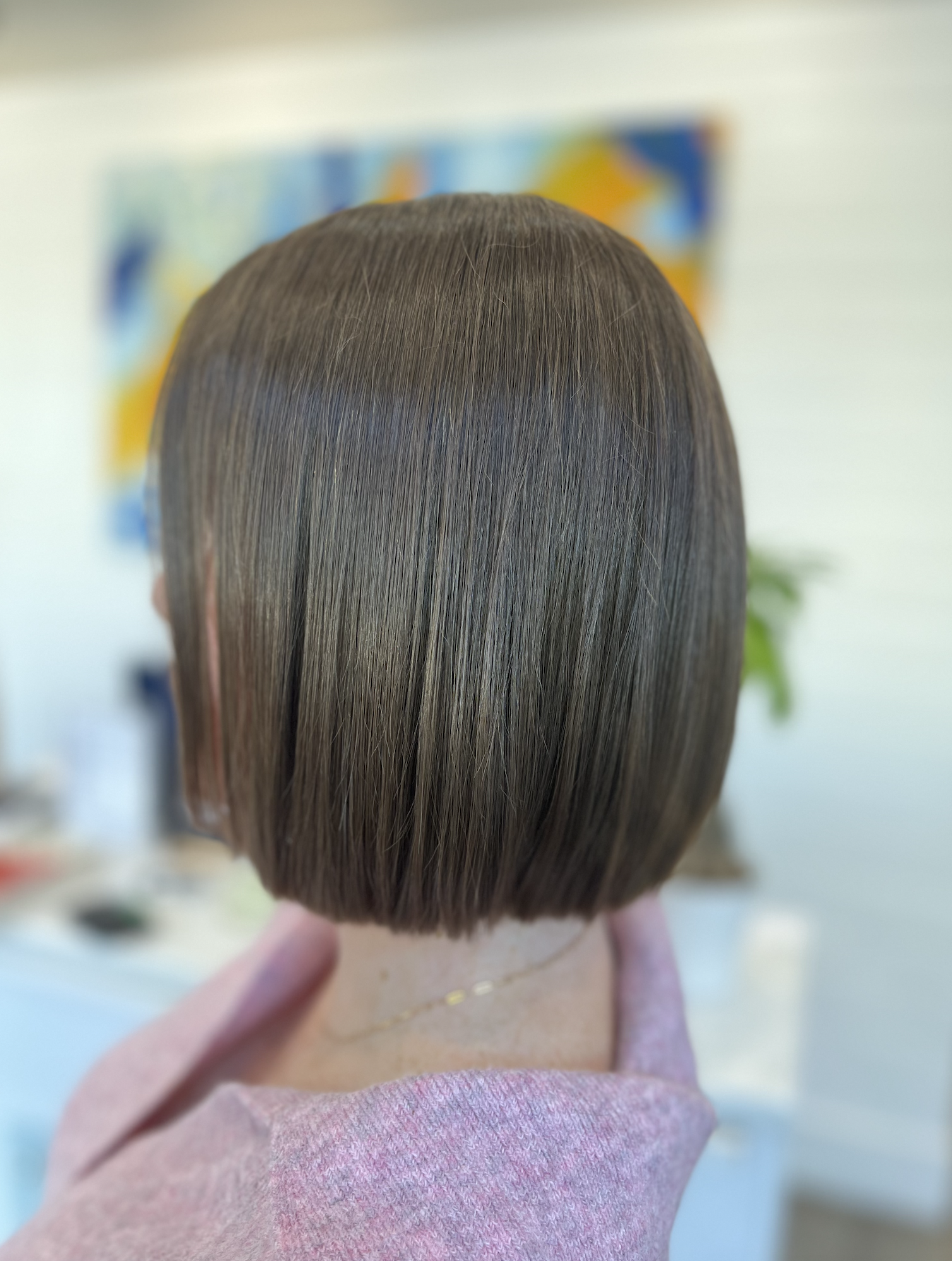 Close-up of a sleek bob haircut on a person with a pink shirt, featuring straight, glossy brown hair.