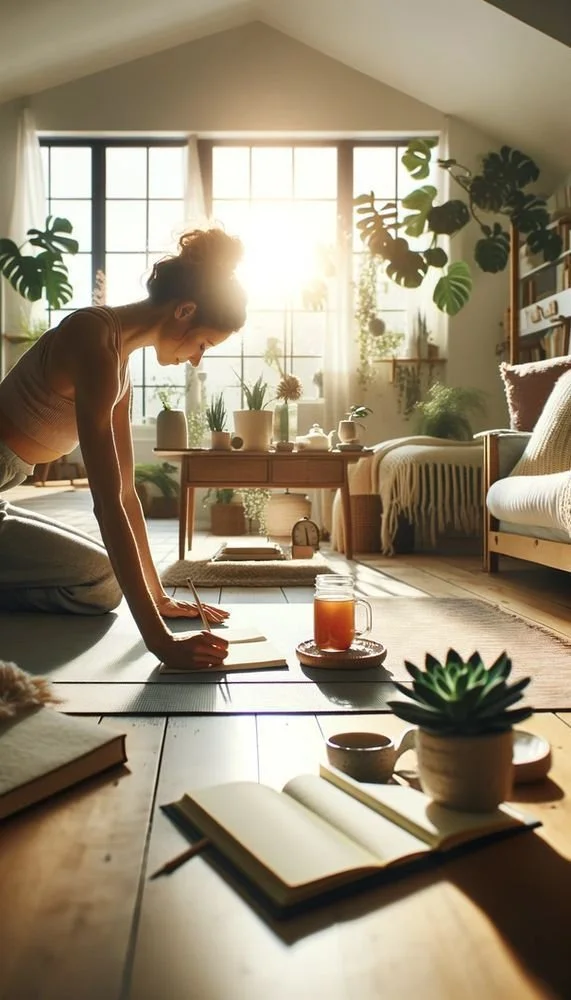 Woman journaling during her morning ritual practice, surrounded by sunlight and plants