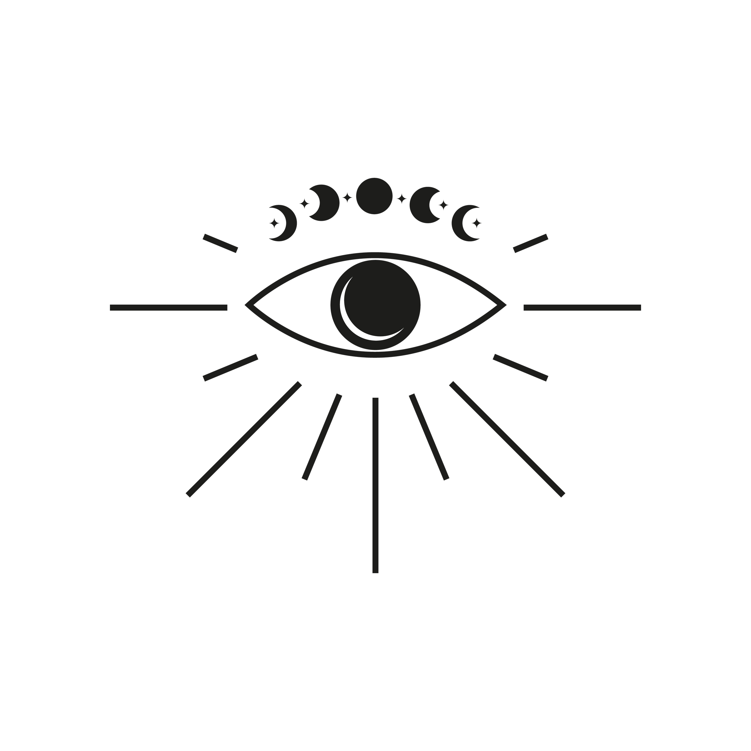 Black and white graphic of an eye with a crescent moon inside the iris, surrounded by phases of the moon and radiating lines