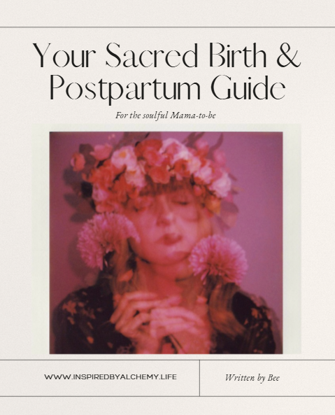 Cover of a book titled "Your Sacred Birth & Postpartum Guide" with a blurred photo of a woman wearing a floral headpiece.