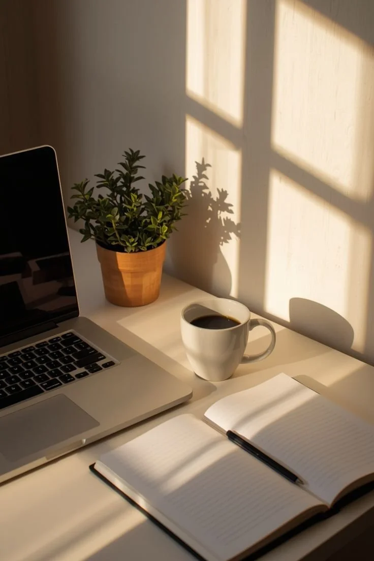 A workspace with a laptop, an open notebook with a pen, a cup of coffee, and a potted plant beside a window casting warm sunlight.