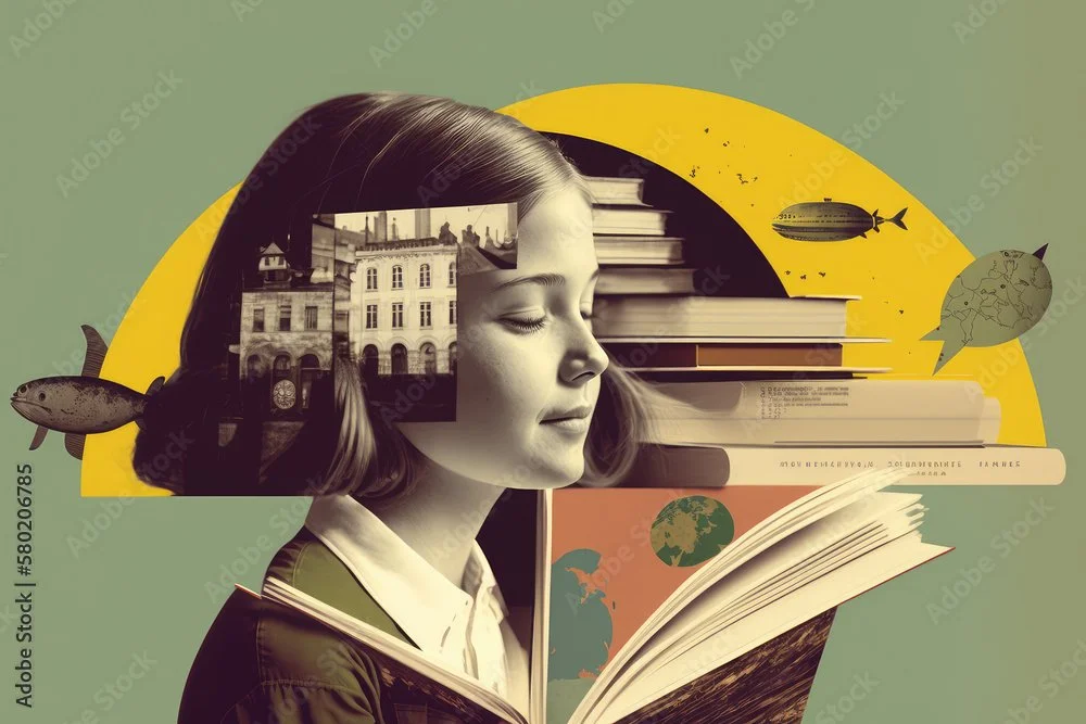 A collage of a busy student with long hair, her face in profile with closed eyes, and a stack of books, with illustrations of fish, and a globe, showing IB English and Chinese subjects are all about engaging reading which inspires imagination.