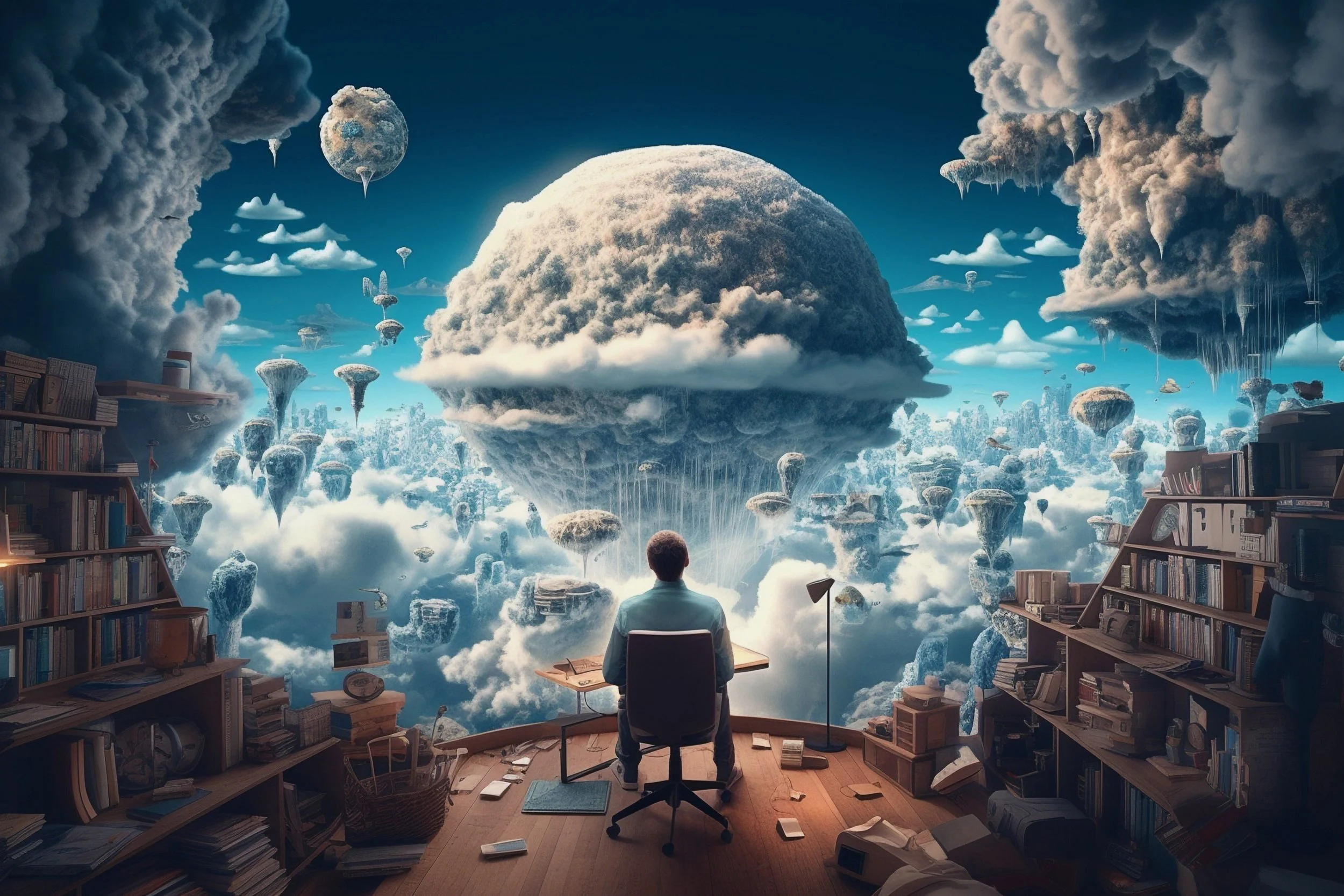 A teenage IB student contemplates a global issue in his bedroom surrounded by bookshelves, looking at a surreal landscape of floating islands and clouds with large, ice-covered mountain and various floating objects in the sky.