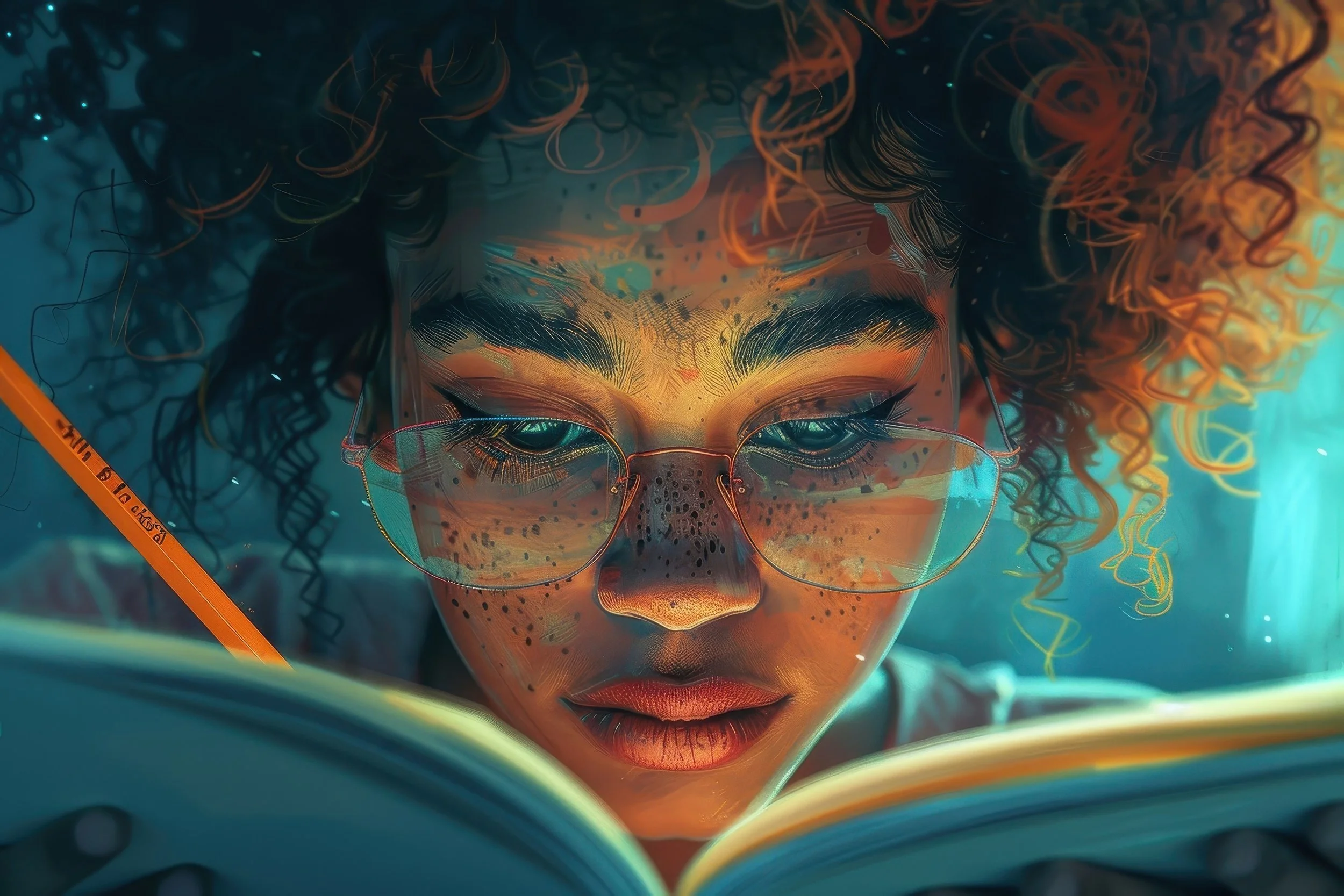 Close-up of a spectacled teenage IB student with curly hair, reading a non-literary text glowing with ideas.