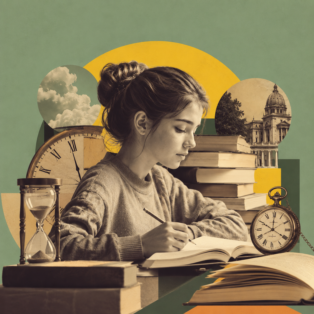A GCSE student studying with books, clocks and hourglasses on a desk which suggest the importance of time management, a, with collage-style background of buildings and clouds symbolises the global issues