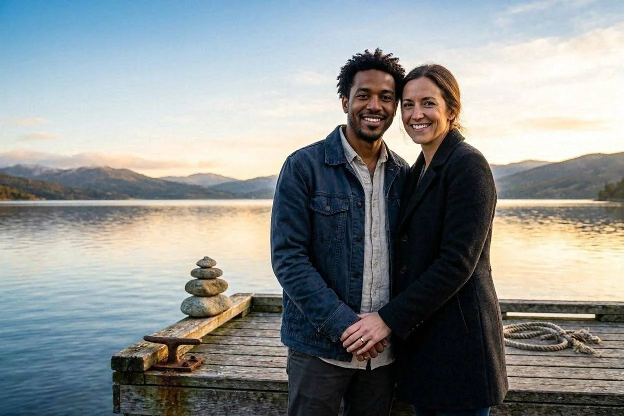 A smiling couple stands close together at the end of a wooden dock on a lake during sunset, with mountains in the background and a small stack of rocks on the dock.
