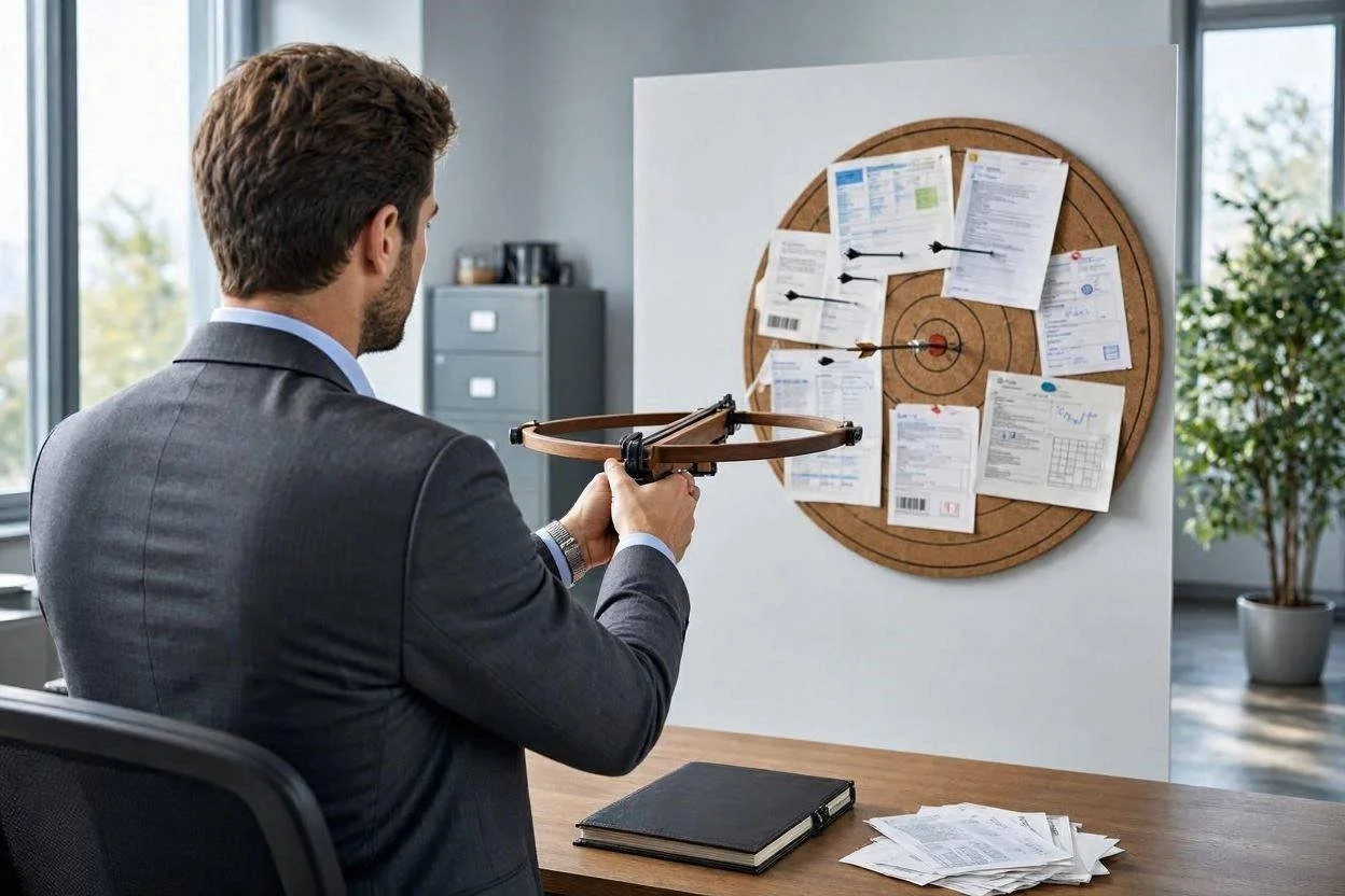 A man in a gray suit aiming a crossbow at papers pinned to a target board on a whiteboard in an office.