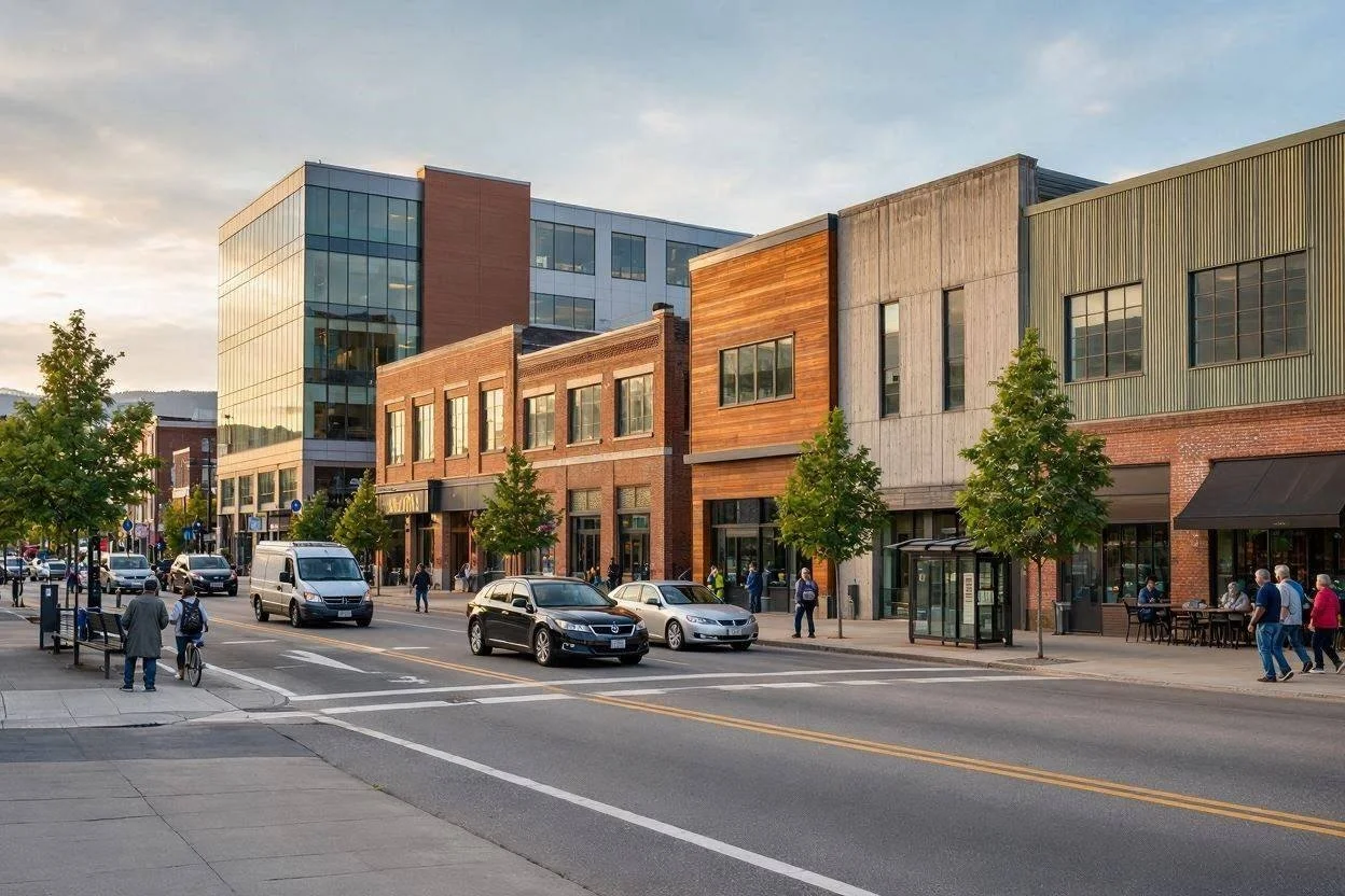 City street with cars, pedestrians, trees, and multistory buildings, including modern and brick facades, during daylight.