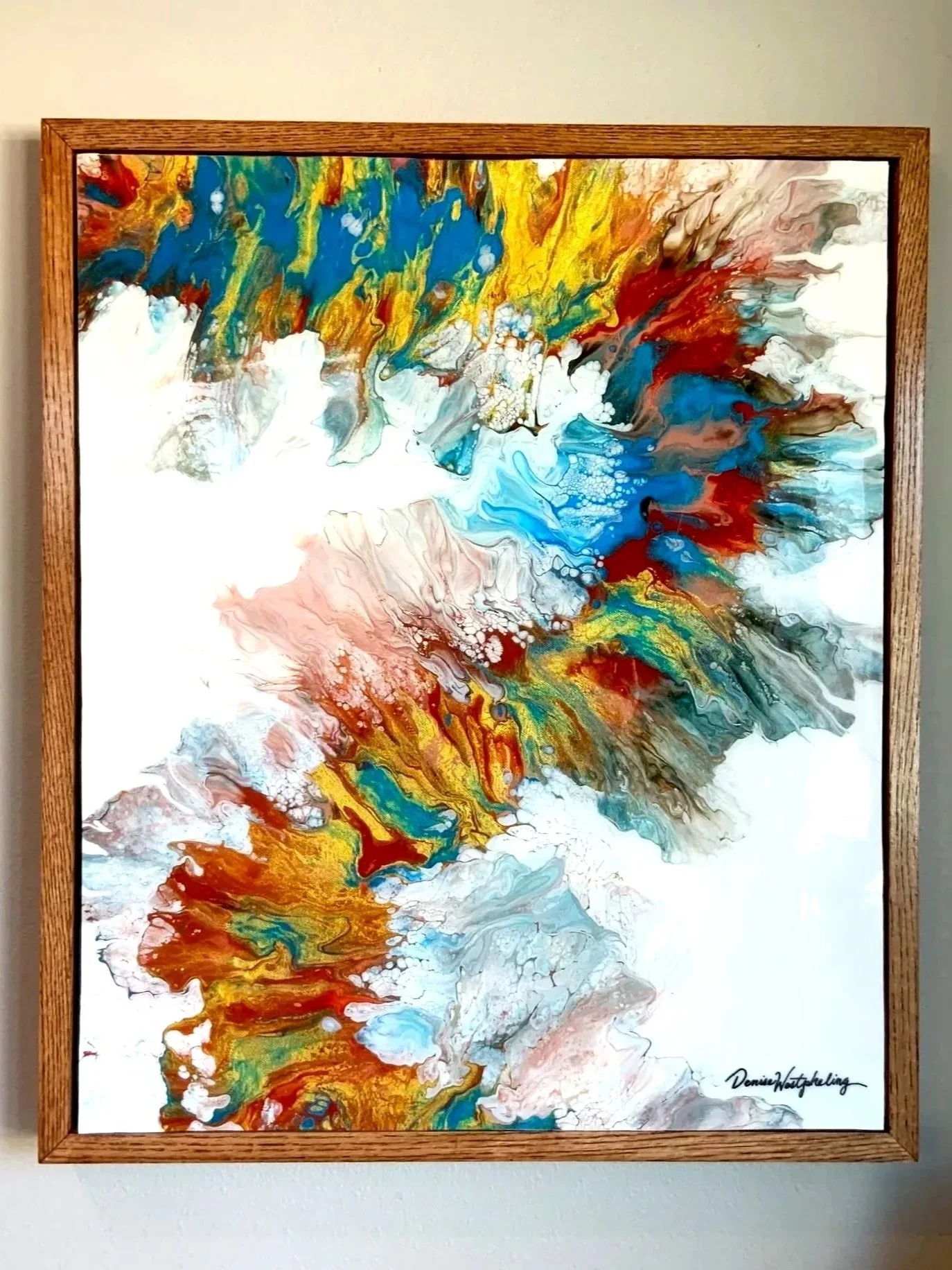 *SOLD*A1121 NEVER ENDING FAITH 20"X24" EPOXY ACRYLIC ON  CANVAS WITH FLOATING WOOD FRAME. WHITE, GOLD, METALIC BLUE, RED OCHRE $91.59+$6.41=$98.00 Tax (+ Shipping)  Located at RES. 5-4-26 (free delivery to 35 mile radius of Marion Post office)  
* Fo