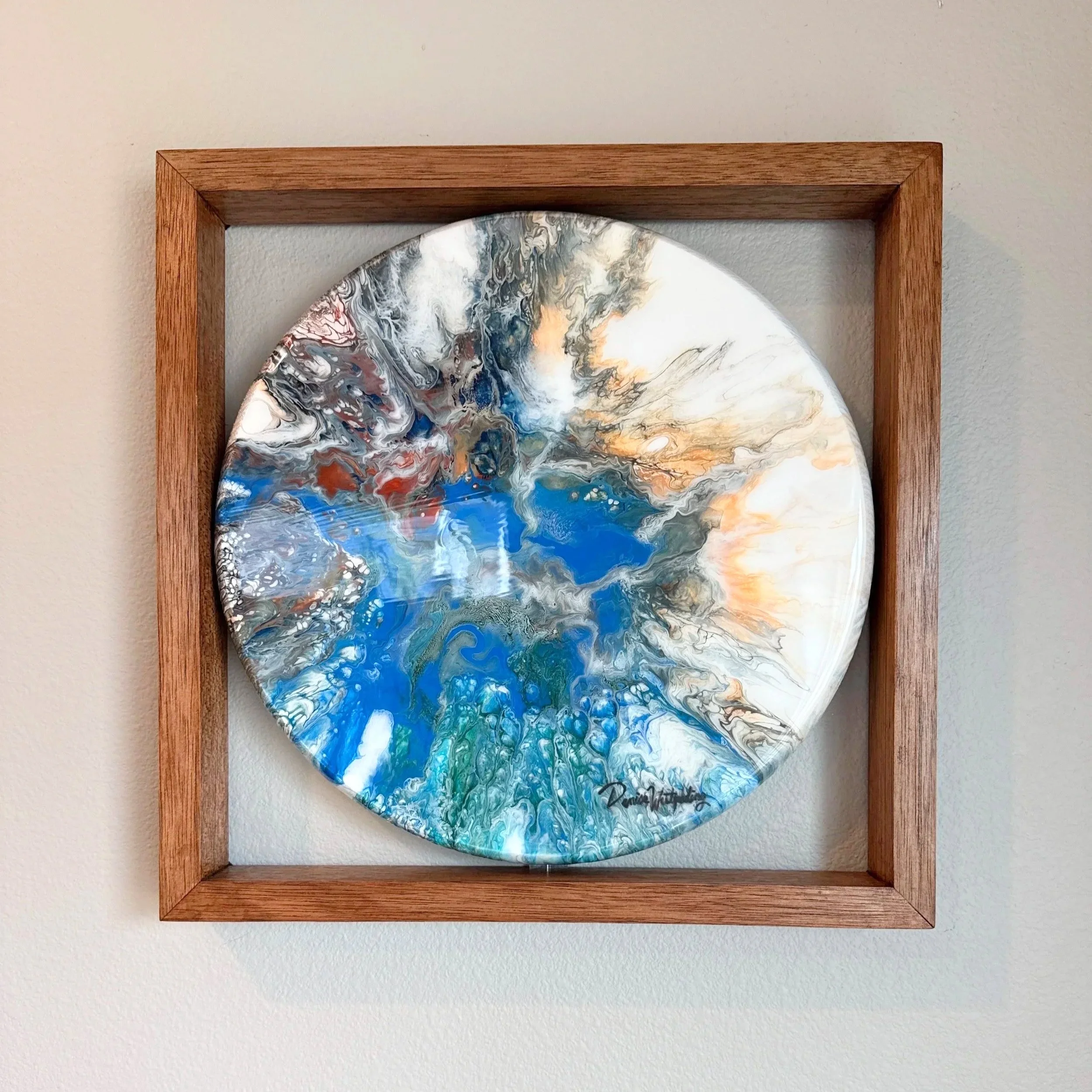 A1122 SPEAK SOFTLY 11 3/4" DIAMETER EPOXY ACRYLIC ON  WOOD WITH FLOATING WOOD FRAME. WHITE, BLUE, GOLD, RED OCHRE.   $42.06+$2.94 TAX =$45.00 (+ Shipping)  Located at WEST END DINER 5-4-26 (free delivery to 35 mile radius of Marion Post office)  
* F