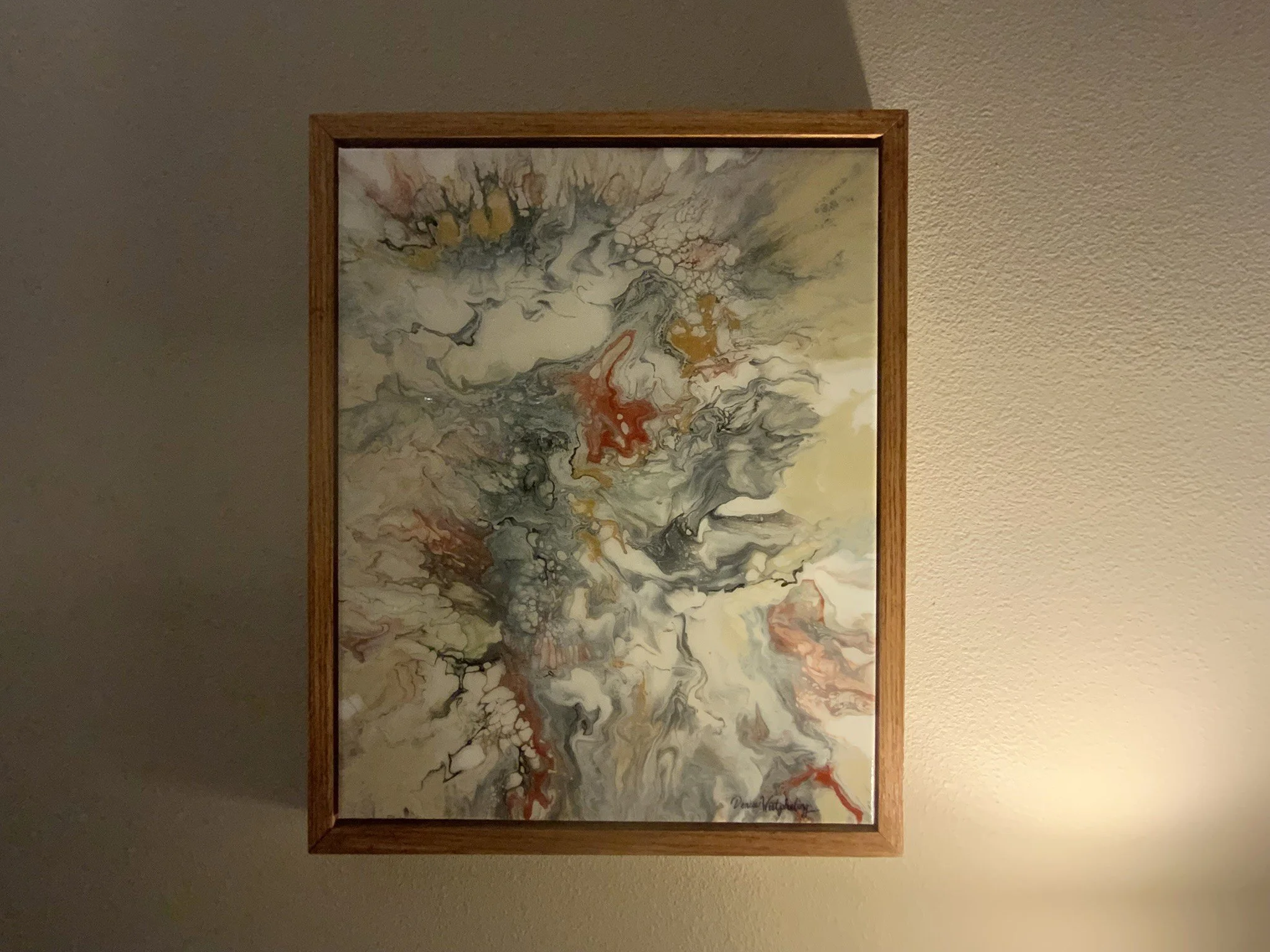 A1120 HYMN OF HEAVEN 16"X20" ACRYLIC EPOXY ON  CANVAS WITH FLOATING WOOD FRAME. gray, white, gold, red ochre $86.92 + $6.08 Tax + Shipping.  Located at 16th Avenue Grill, Cedar Rapids, IA (free delivery to 35 mile radius of Marion Post office)  
* Fo