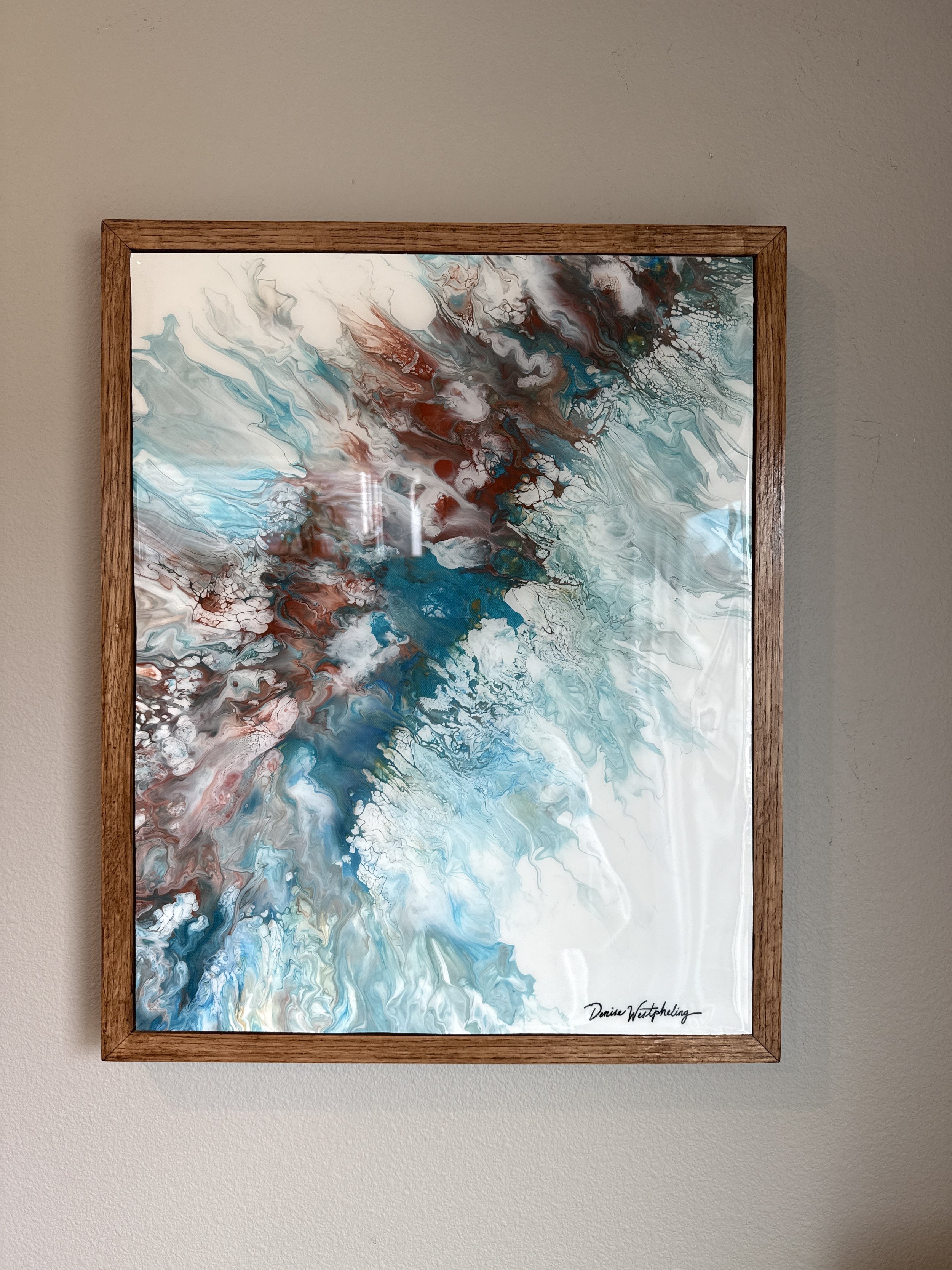  
A1123 RED SEA 16"X20" ACRYLIC EPOXY ON  CANVAS WITH FLOATING WOOD FRAME. blues, white, red ochre $86.92 + $6.08 Tax + Shipping.  Located at West End Diner at 809 Sixth Ave, Marion, IA (free delivery to 35 mile radius of Marion Post office)  
* For 