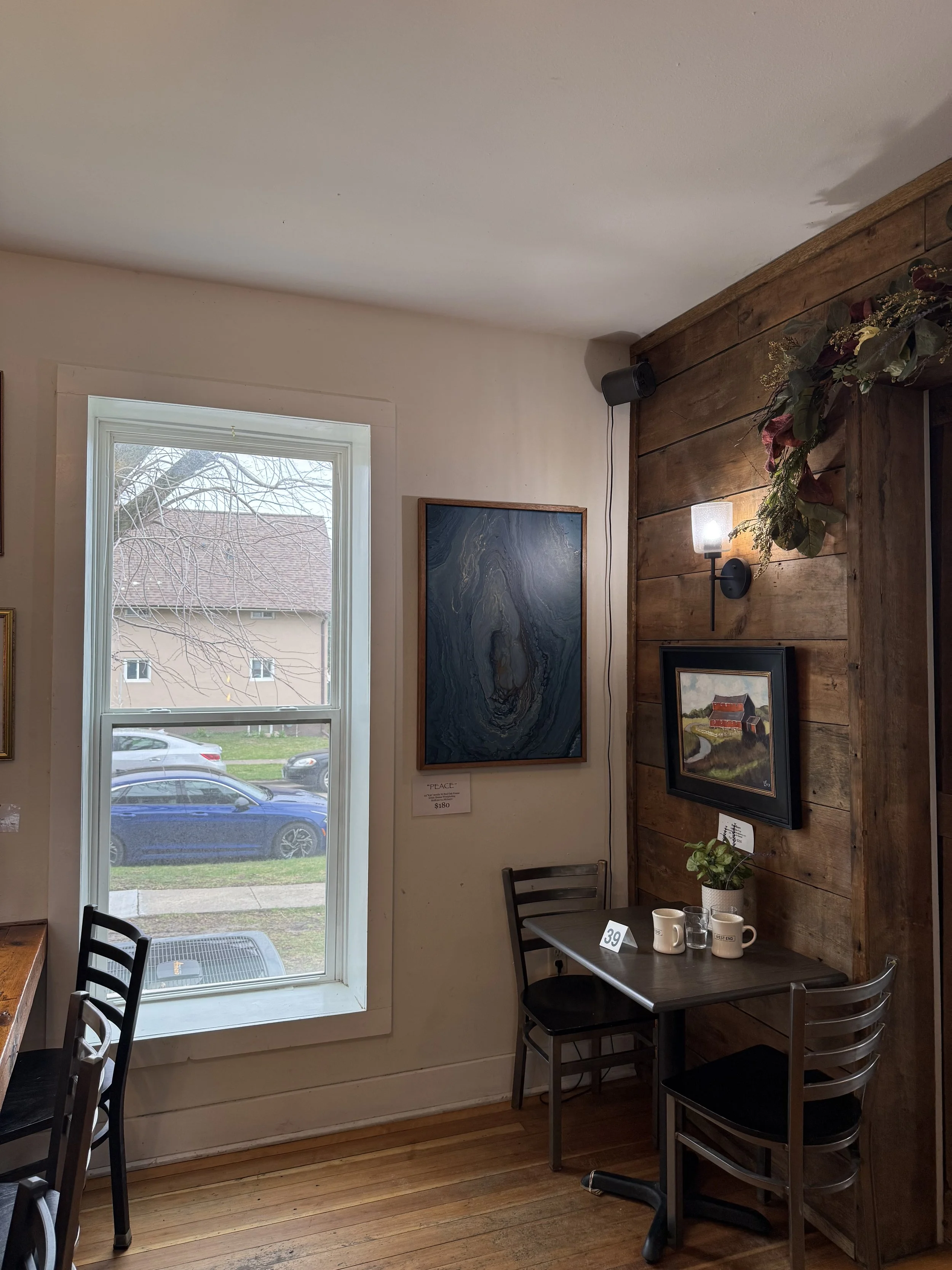 A1131 PEACE 24"X36" ACRYLIC POUR ON  CANVAS WITH RED OAK WOOD FRAME.  SHADES OF BLUE, GOLD.  $168.22+$11.78=$180.00 Tax (+ Shipping).  Located at West End Diner in Marion, IA (free delivery to 35 mile radius of Marion Post office)  
* For orders, shi