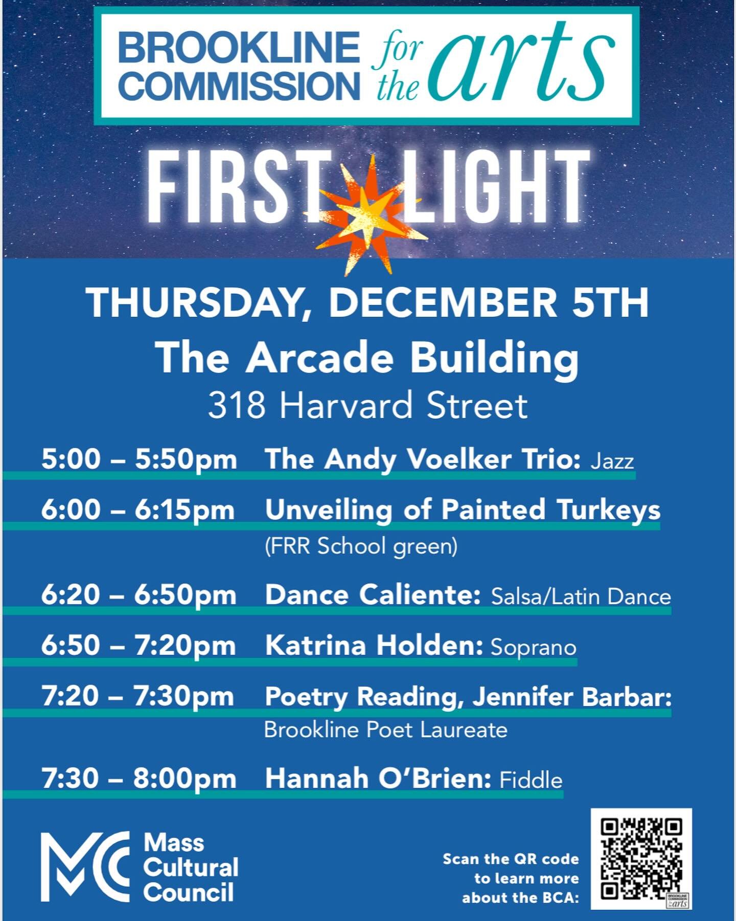 Brookline First Light is Thursday, December 5 from 4-8pm. So much going on around town!
The BCA will be hosting performers at The Arcade Building, 318 Harvard St in Coolidge Corner: Jazz, opera, fiddle music, salsa dancing and poetry. And see an exhi