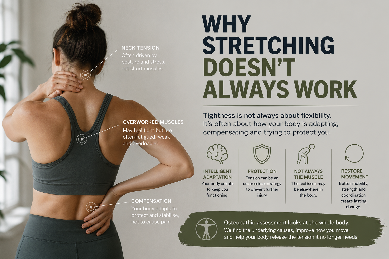 Educational graphic explaining why stretching does not always relieve muscle tightness, exploring mobility, posture, compensation patterns and osteopathic assessment.