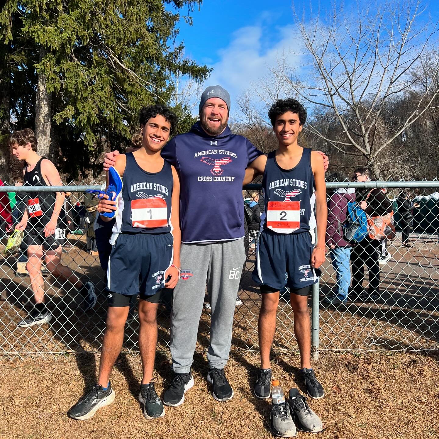 Time to celebrate 11th graders Anand and Umed who raced in the  New York State Championships last weekend. They had a great race on a tough and hilly course at Bowdoin Park in Wappinger Falls, New York.  Around 300 varsity boys from all over the stat